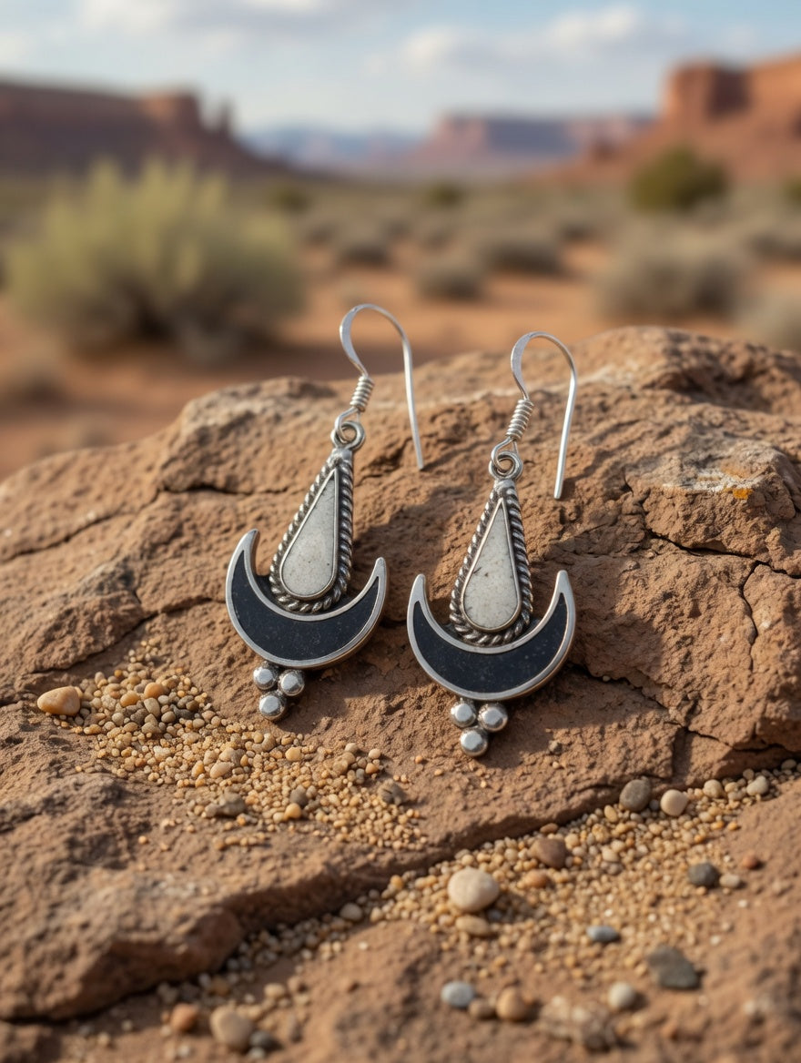 Black Onyx & White Buffalo Crescent Moon Dangle Earrings – Southwest Boho Statement