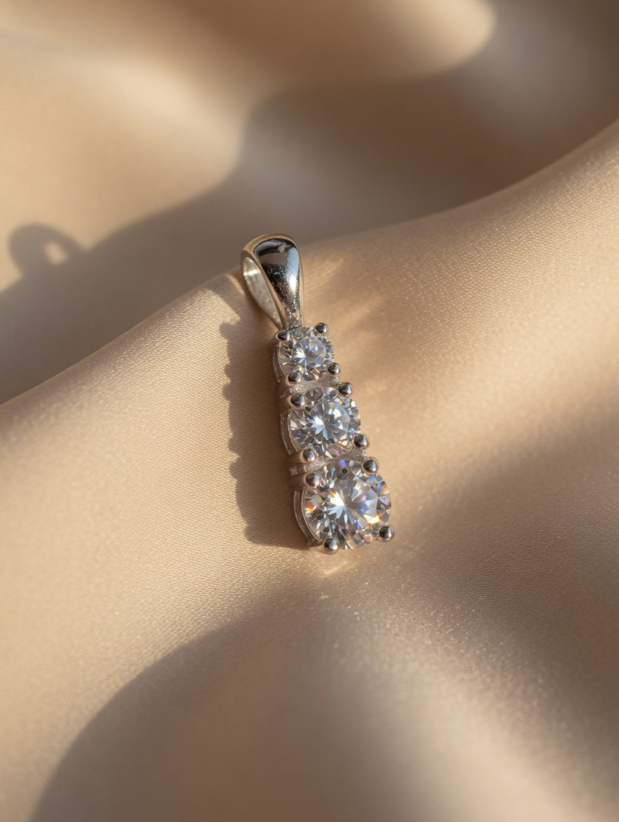 Sterling Silver CZ Three Stone Vertical Pendant