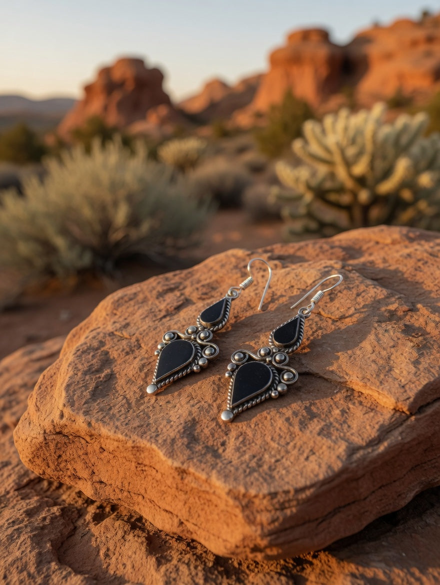 Ornate Southwestern Black Onyx Teardrop Filigree Dangle Earrings