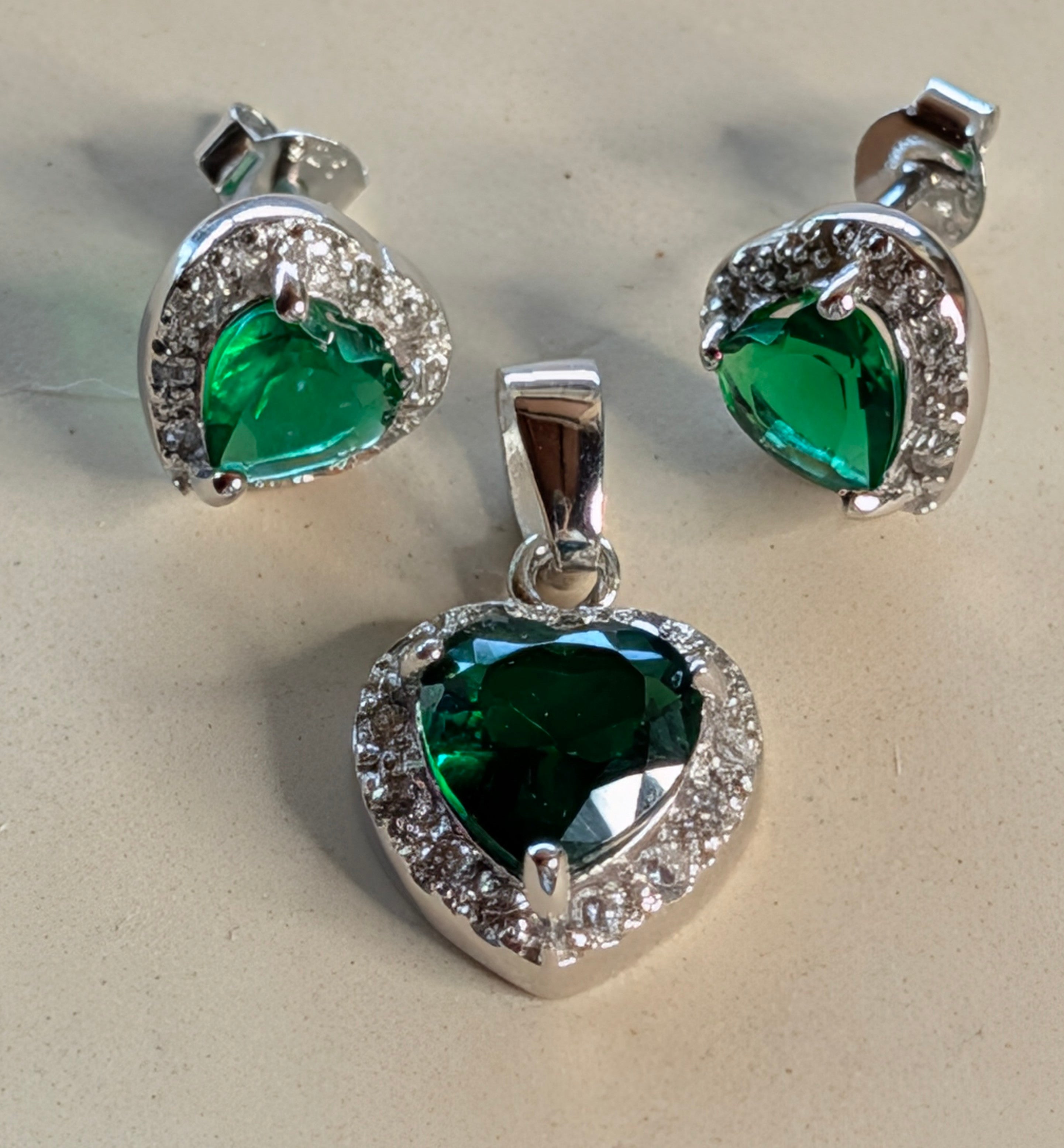 Sterling Silver CZ Green Gemstone Matching Earrings & Pendant Jewelry Set