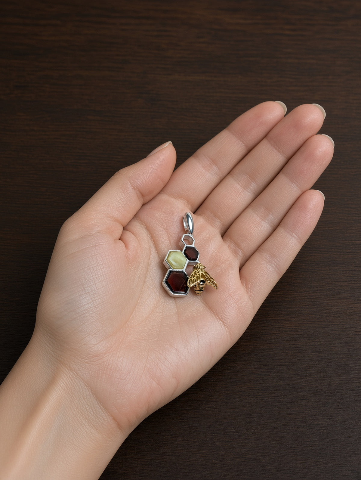Handmade Bee Honeycomb Honey Cognac Cabochons & Sterling Silver Pendant