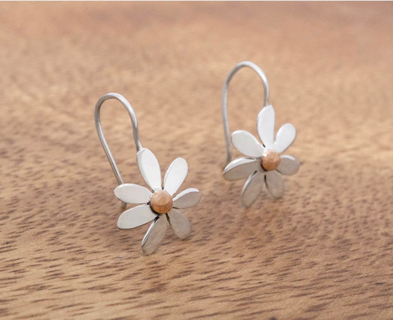 Sterling Silver & Copper Daisy Flower Earrings On Fixed Hook