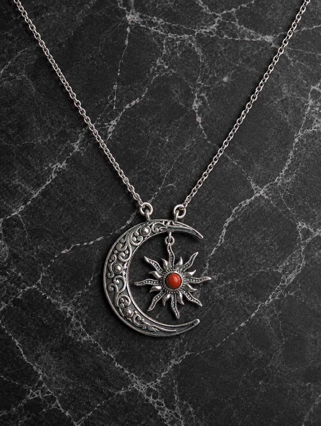 Pink Dahlia Crescent Sterling Silver Moon and Star Necklace