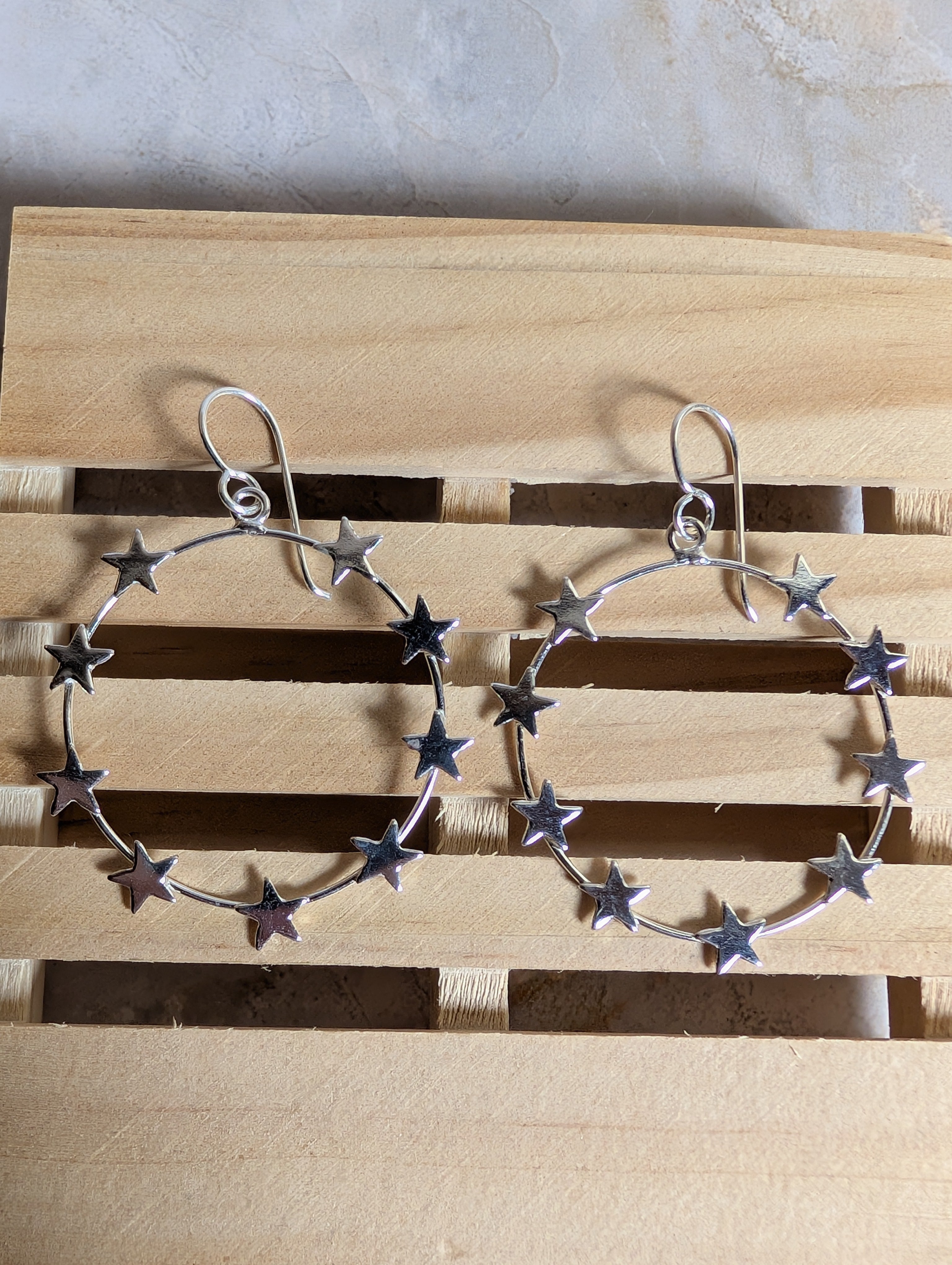 Sterling Silver Round Circles With Stars Dangle Hoop Earrings