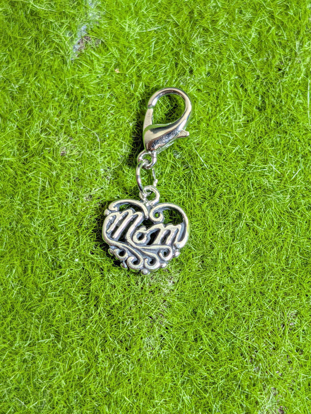 Handcrafted "Mom" Heart Shaped Charm Sterling Silver