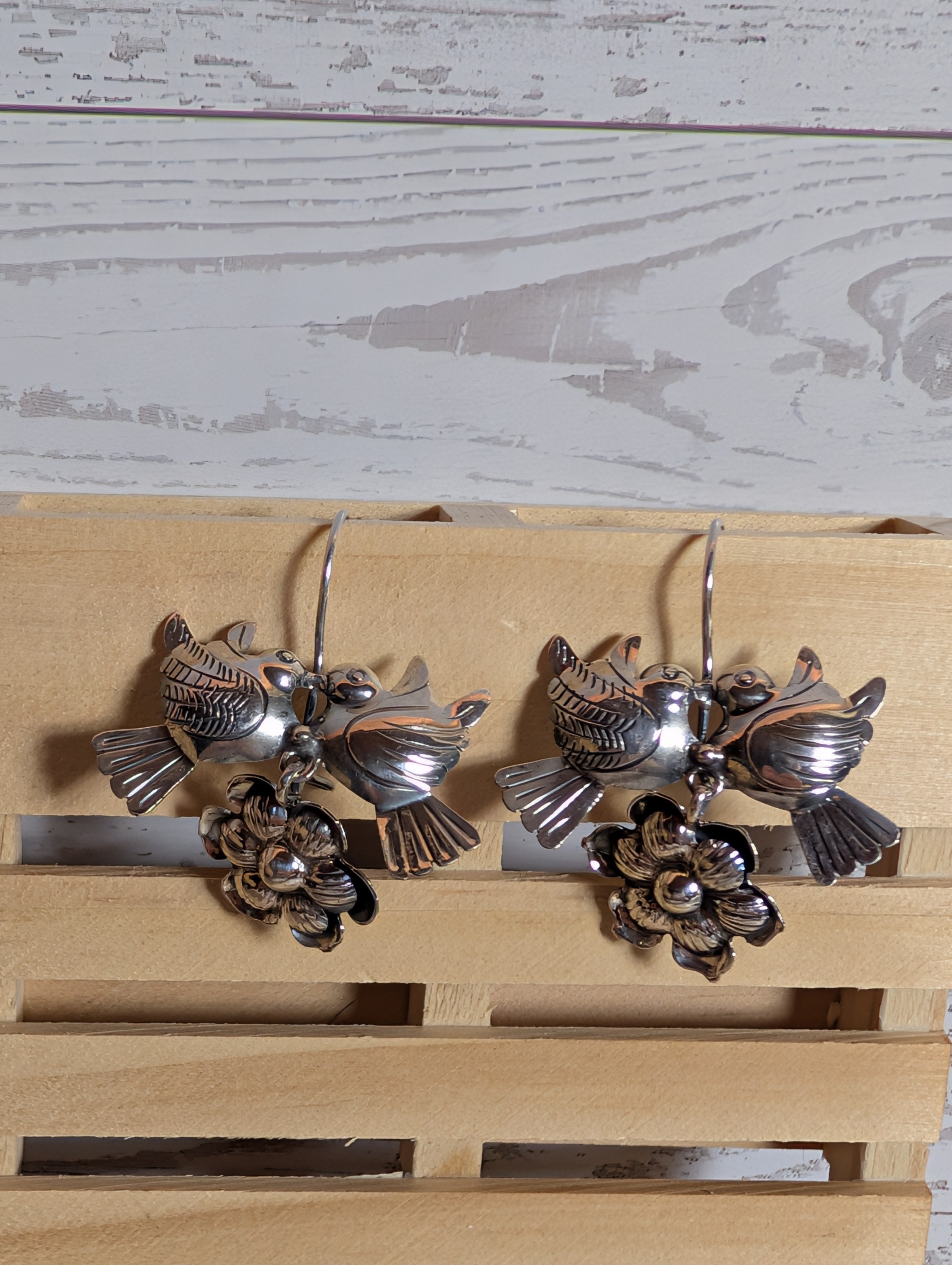 LoveBird Kissing Doves With Flower Blossom Sterling Silver Dangle Earrings
