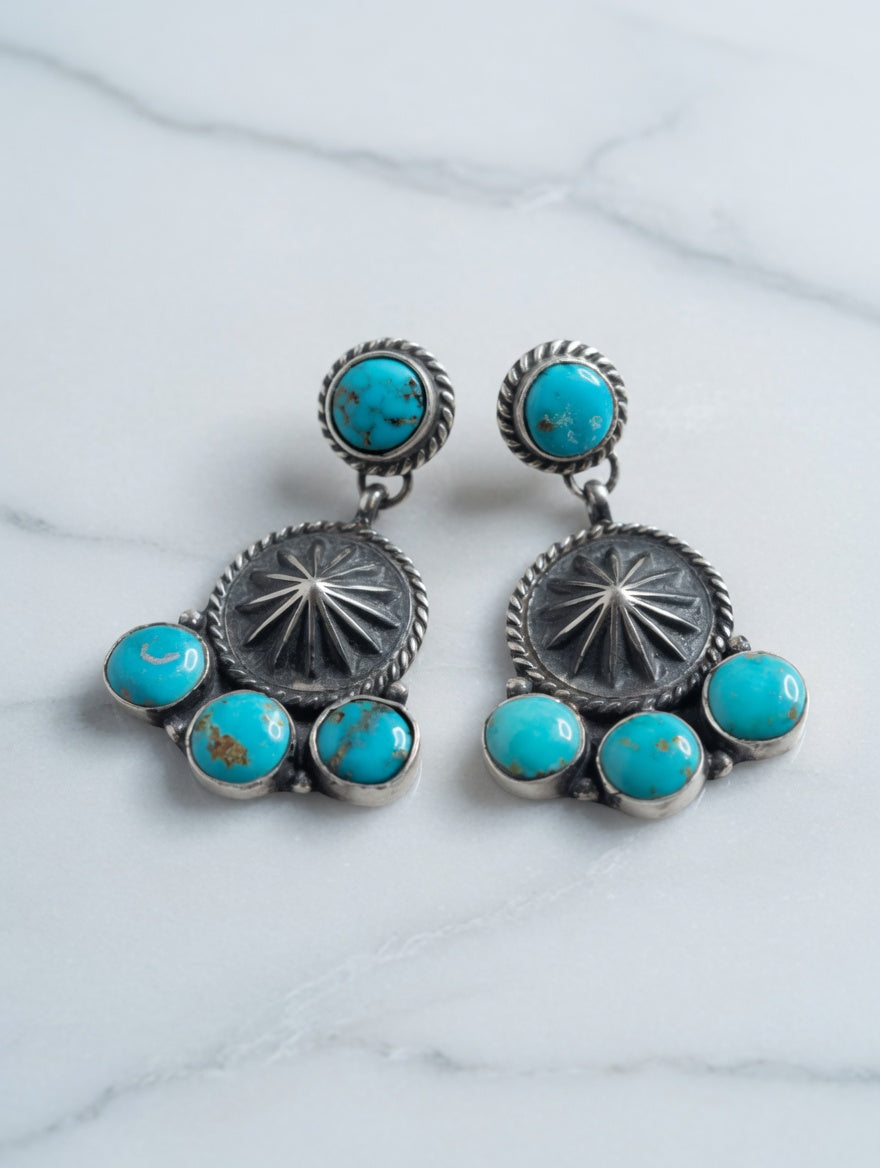 Southwestern Sunburst Turquoise Sterling Silver Dangle Earrings