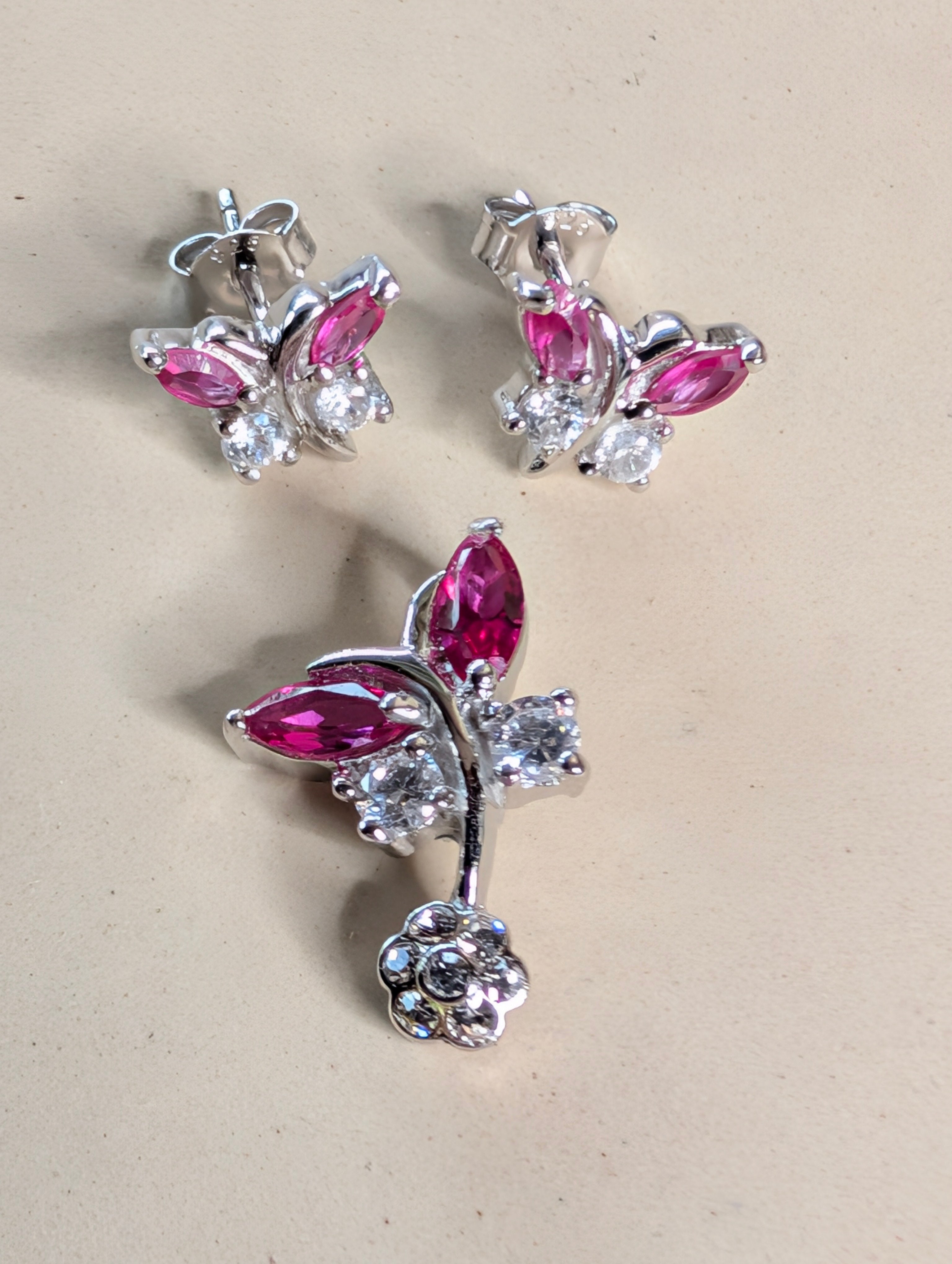 Sterling Silver CZ Hot Pink Gemstone Butterfly Earrings & Pendant Jewelry Set