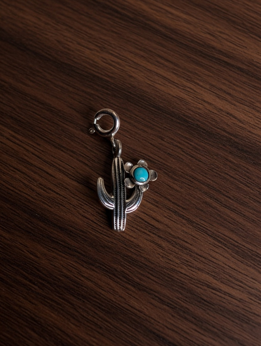 Sterling Silver Southwestern Style Saguaro Cactus & Flower Charm With Turquoise