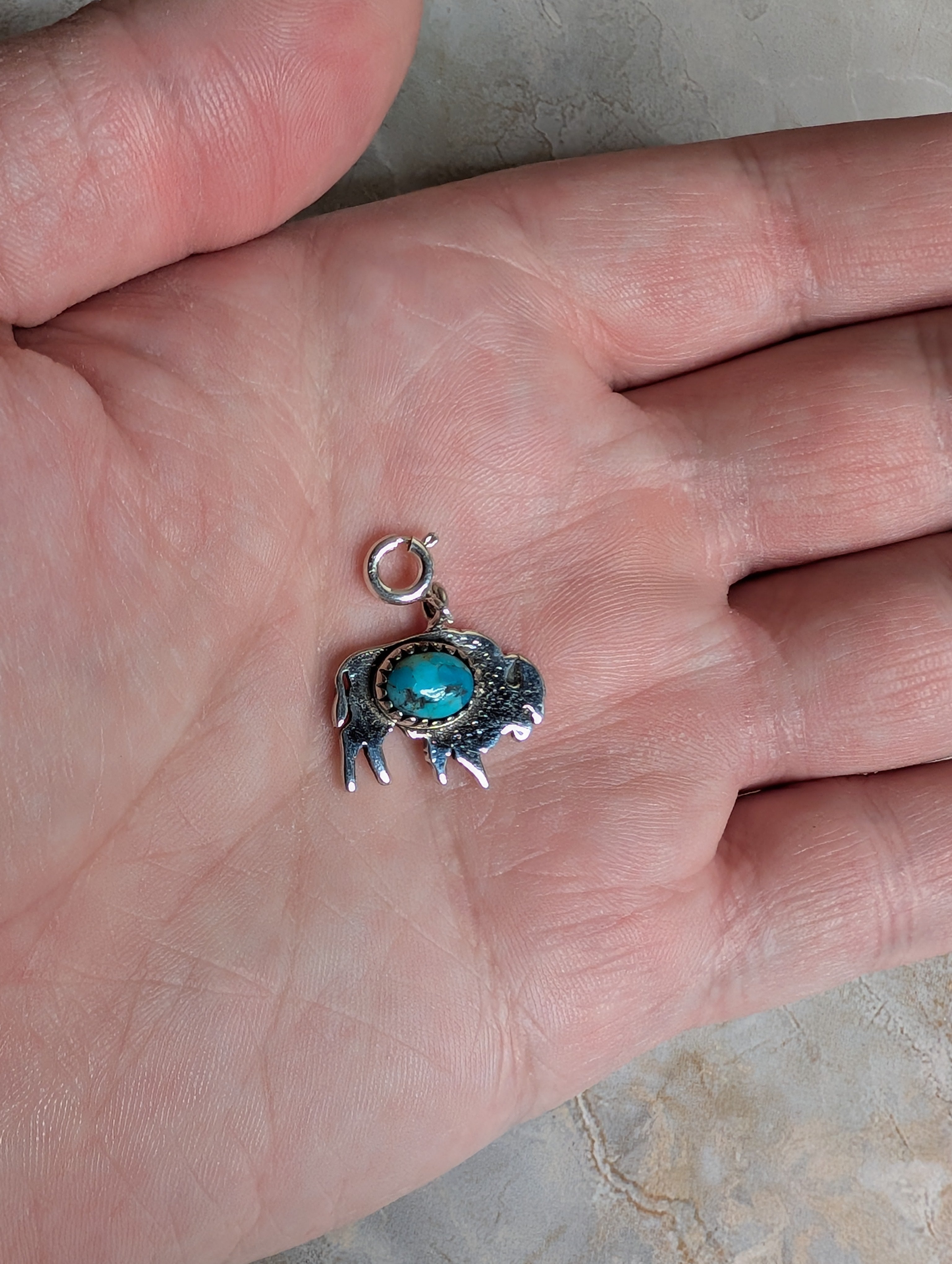 Sterling Silver Southwestern Style Buffalo Charm With Turquoise