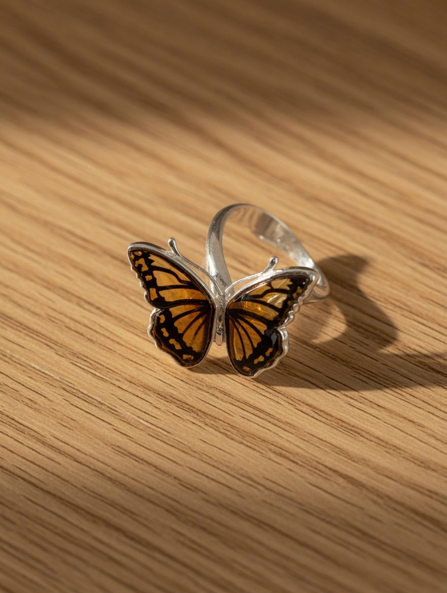 Sterling Silver Handmade Amber Large Butterfly Adjustable Ring