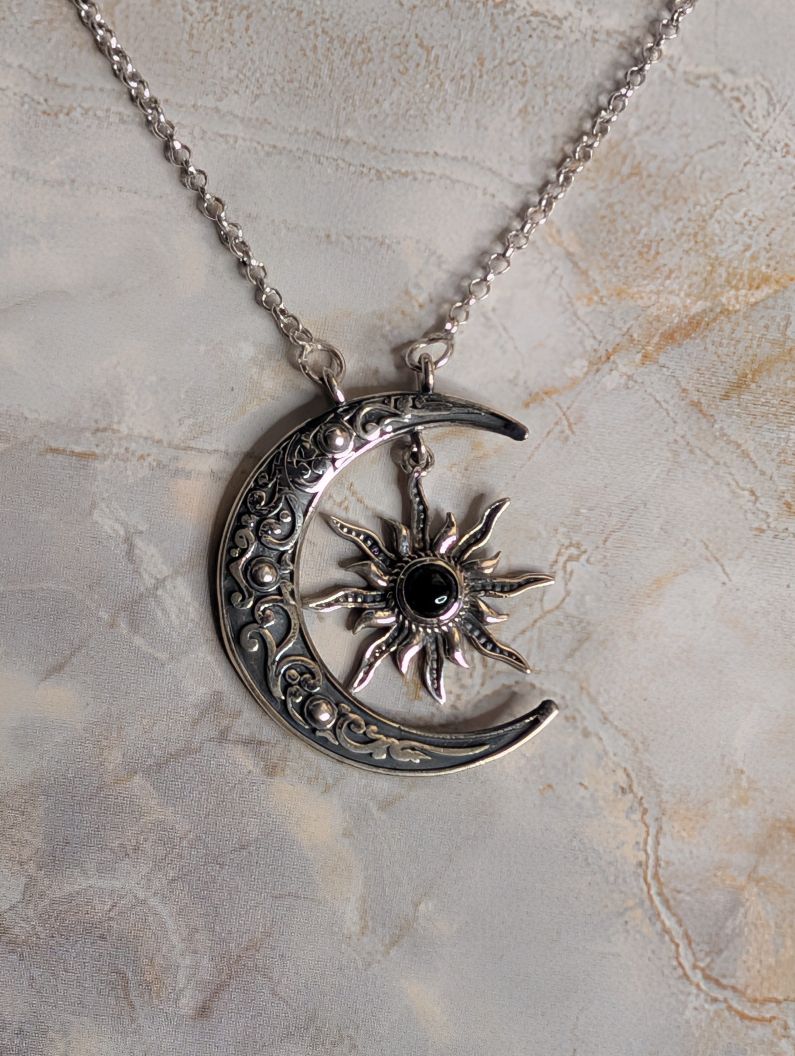 Black Onyx Crescent Sterling Silver Moon and Star Necklace