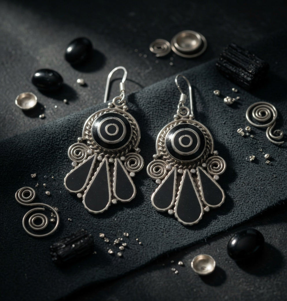 Vintage Black Onyx & Silver Fan Dangle Earrings