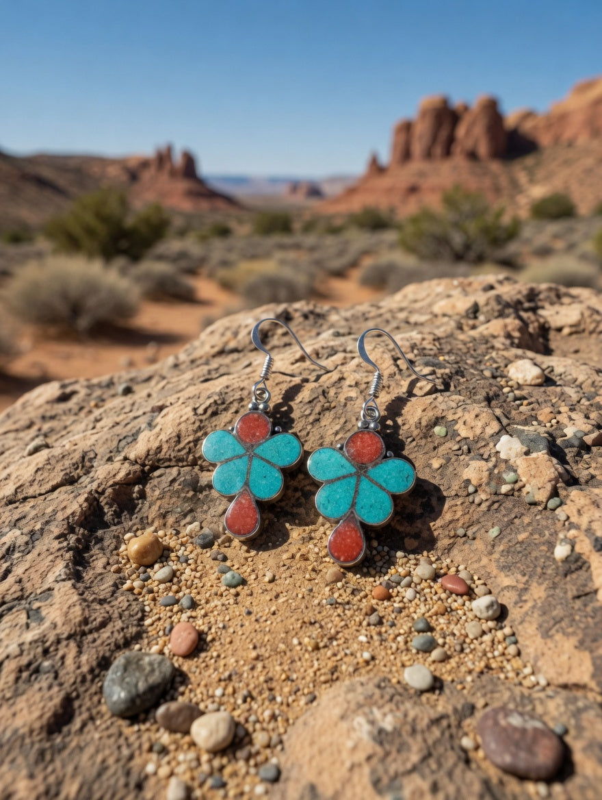 Turquoise & Coral Flower Shape  Vintage Silver Dangle Earrings
