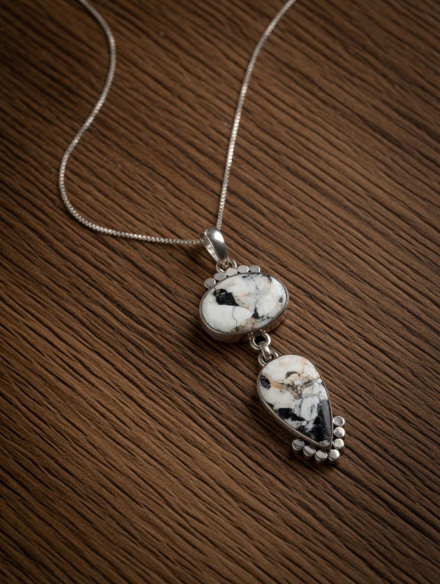 Whit Buffalo Oval & Tear Drop Shaped Gemstone Layered Sterling Silver Drop Necklace