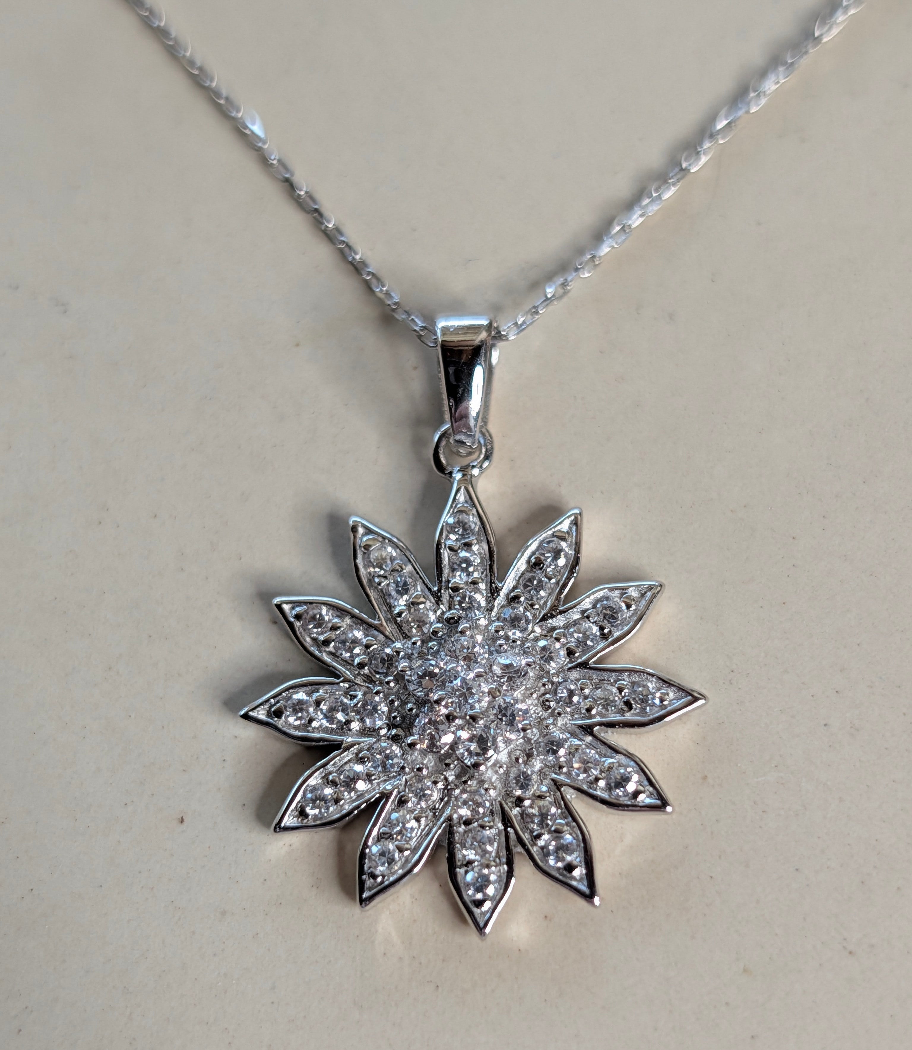 Sterling Silver CZ Sunny & Bright Sunburst Star SunFlower Pendant Necklace