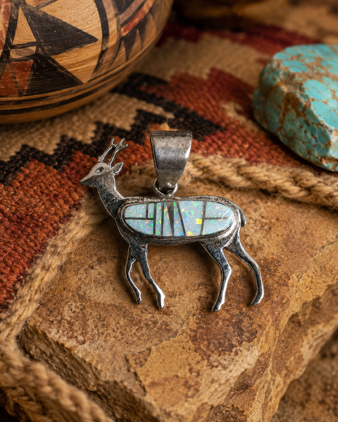 Handcrafted Fire White Opal Sterling Silver Deer Pendant