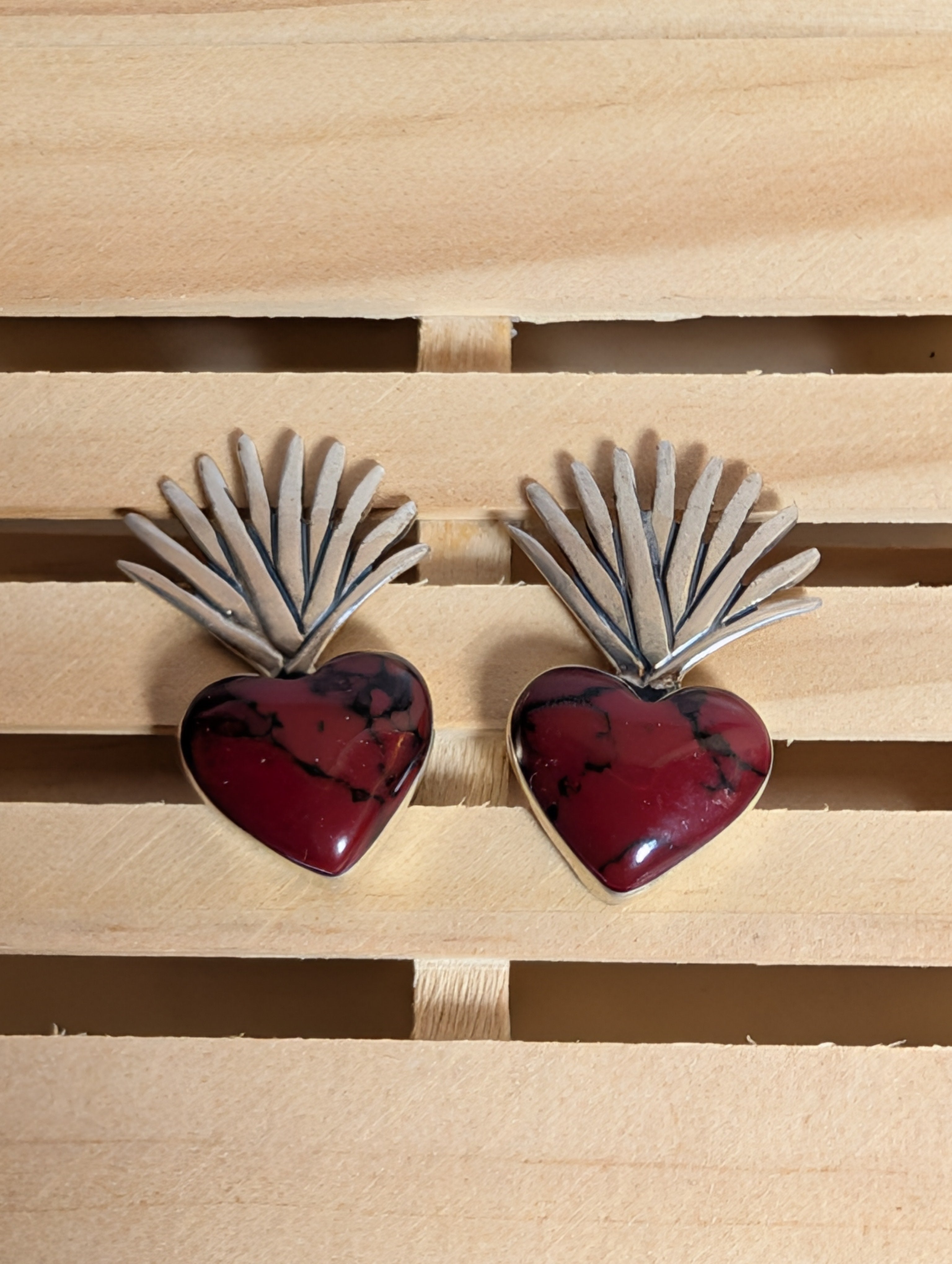 Red Coral Heart Shaped Sterling Silver Earrings