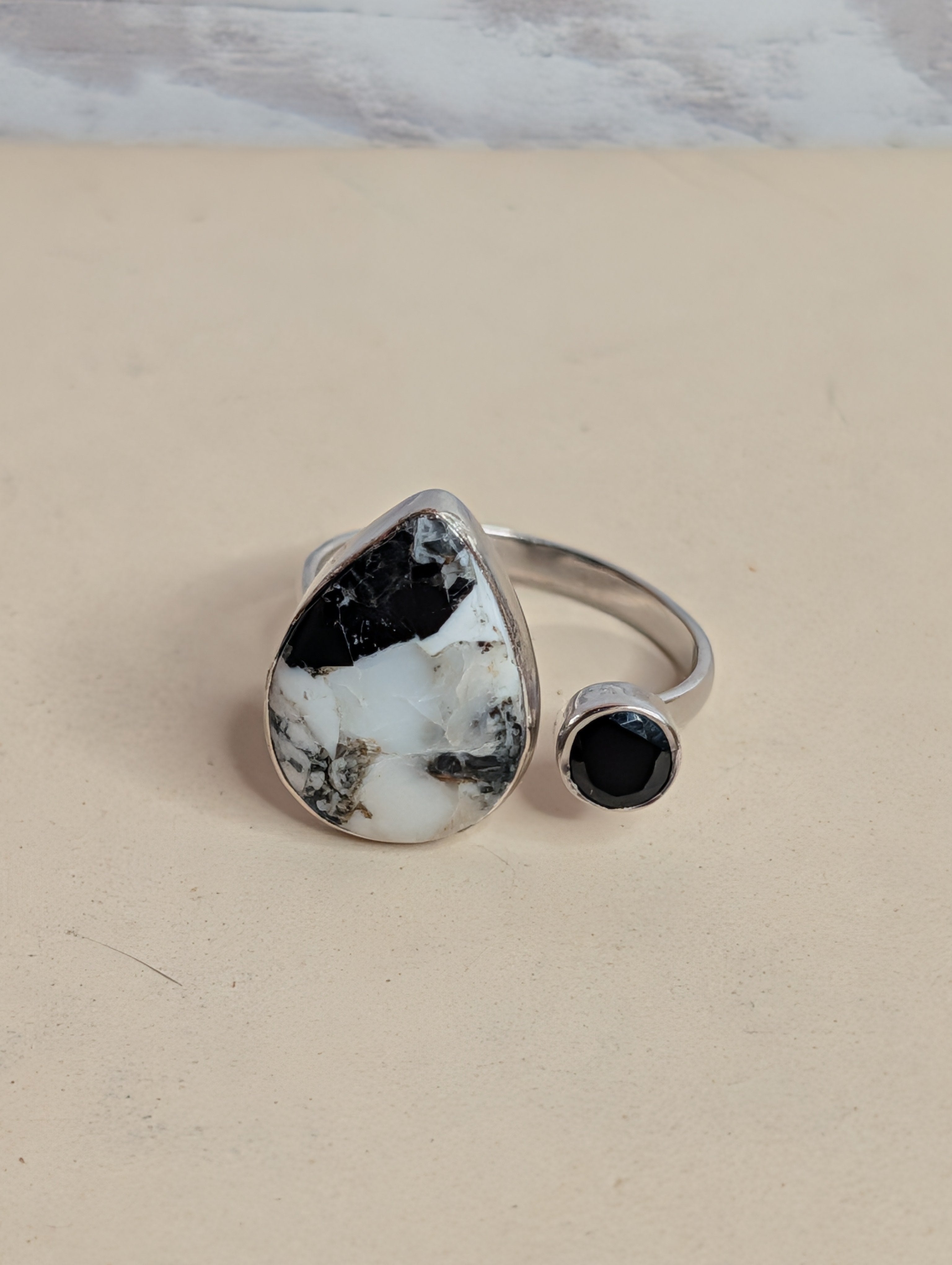 White Buffalo Tear Drop & Circle Shaped Black Onyx Sterling Silver Adjustable Ring
