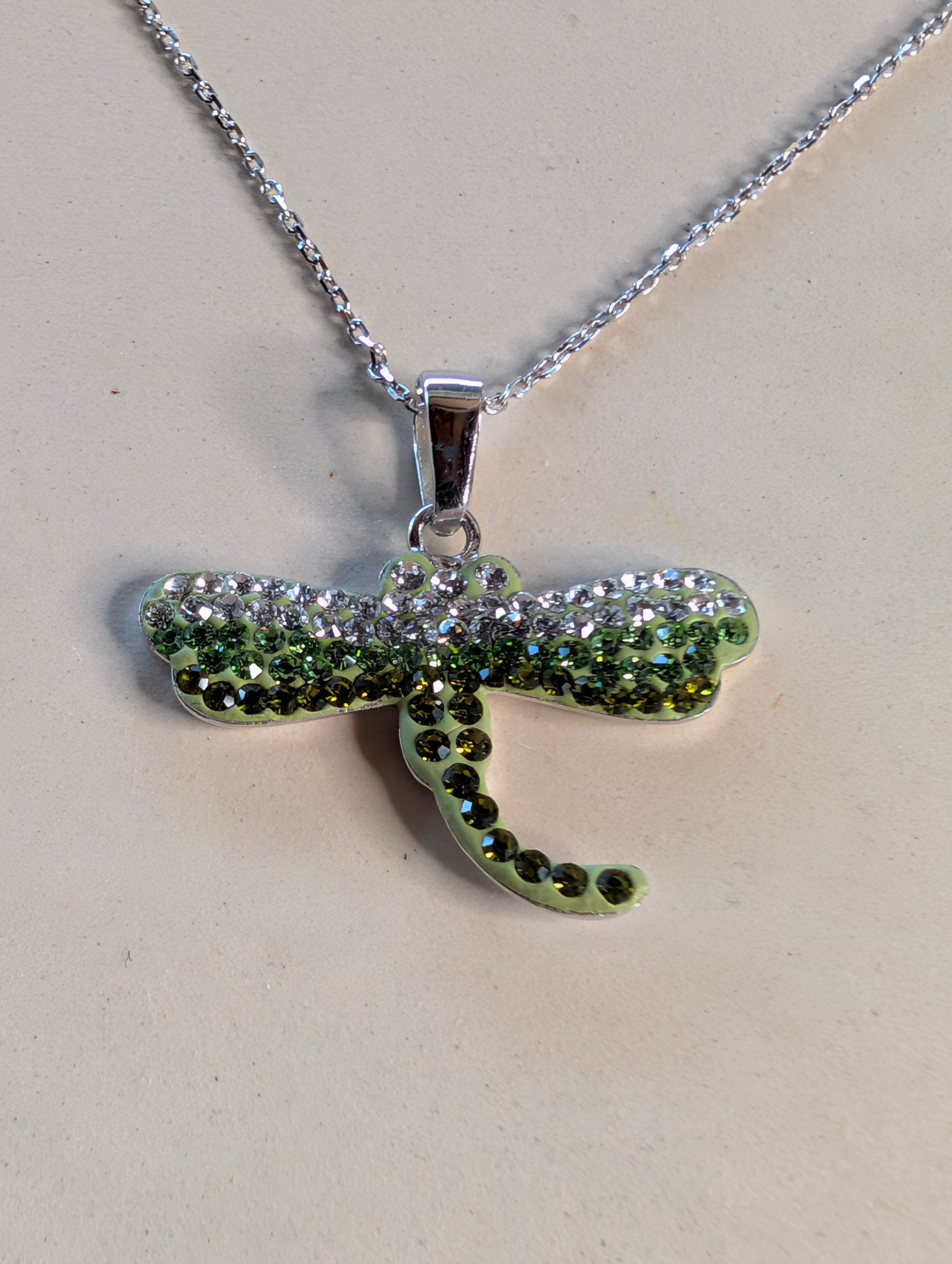 Sterling Silver CZ Studded Green DragonFly Pendant Necklace