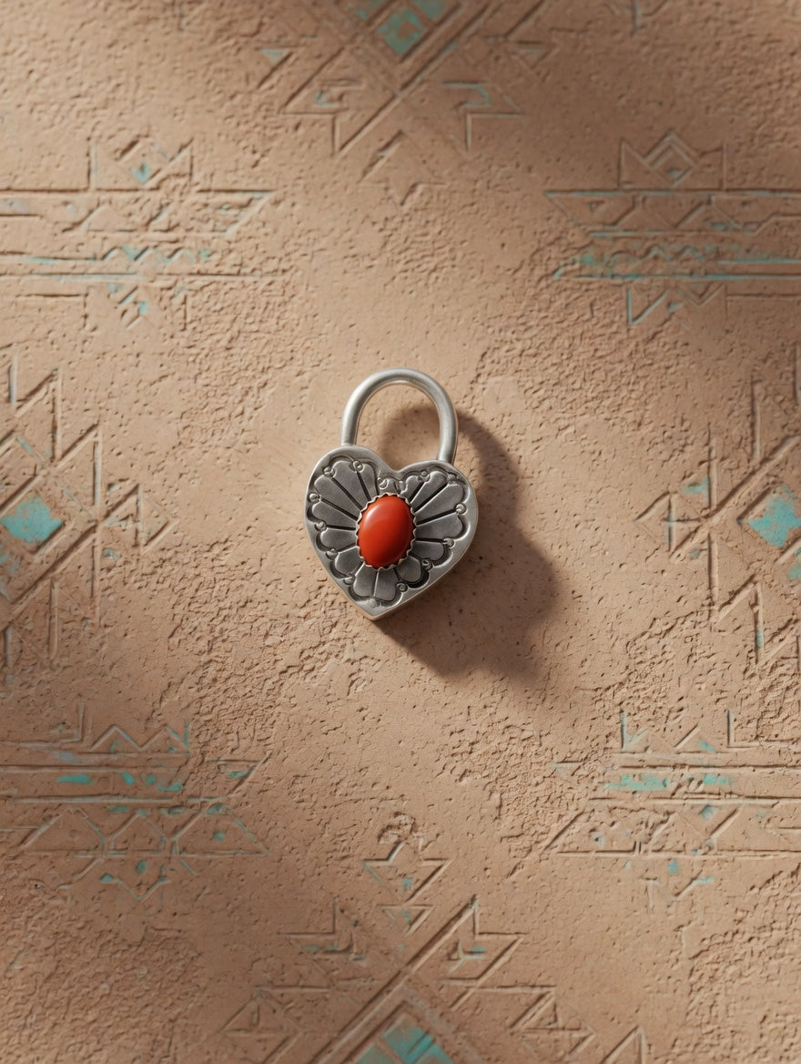Sterling Silver Heart Padlock Pendant with Coral Stone