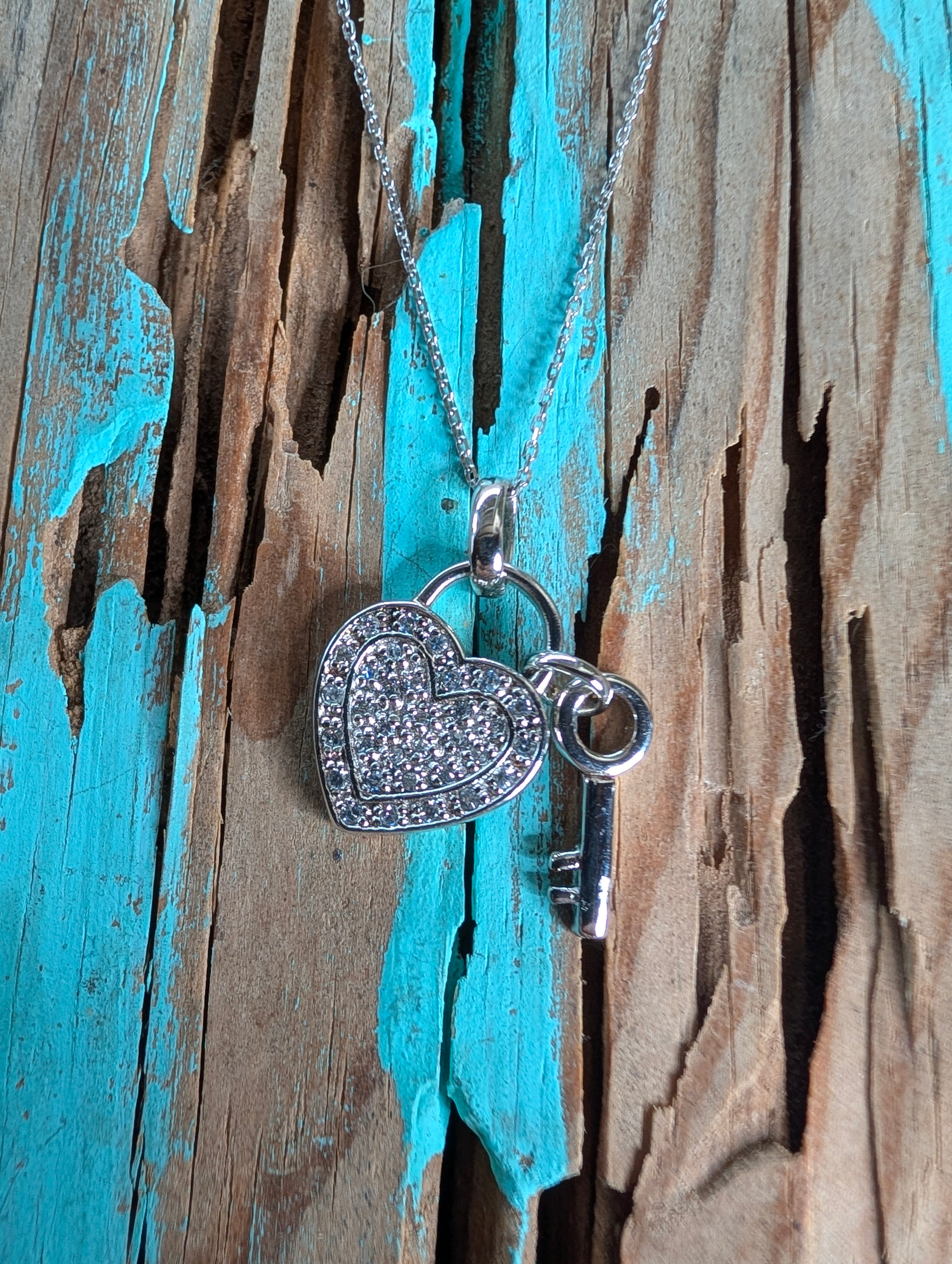 Sterling Silver CZ Heart & Key Romantic Love Necklace