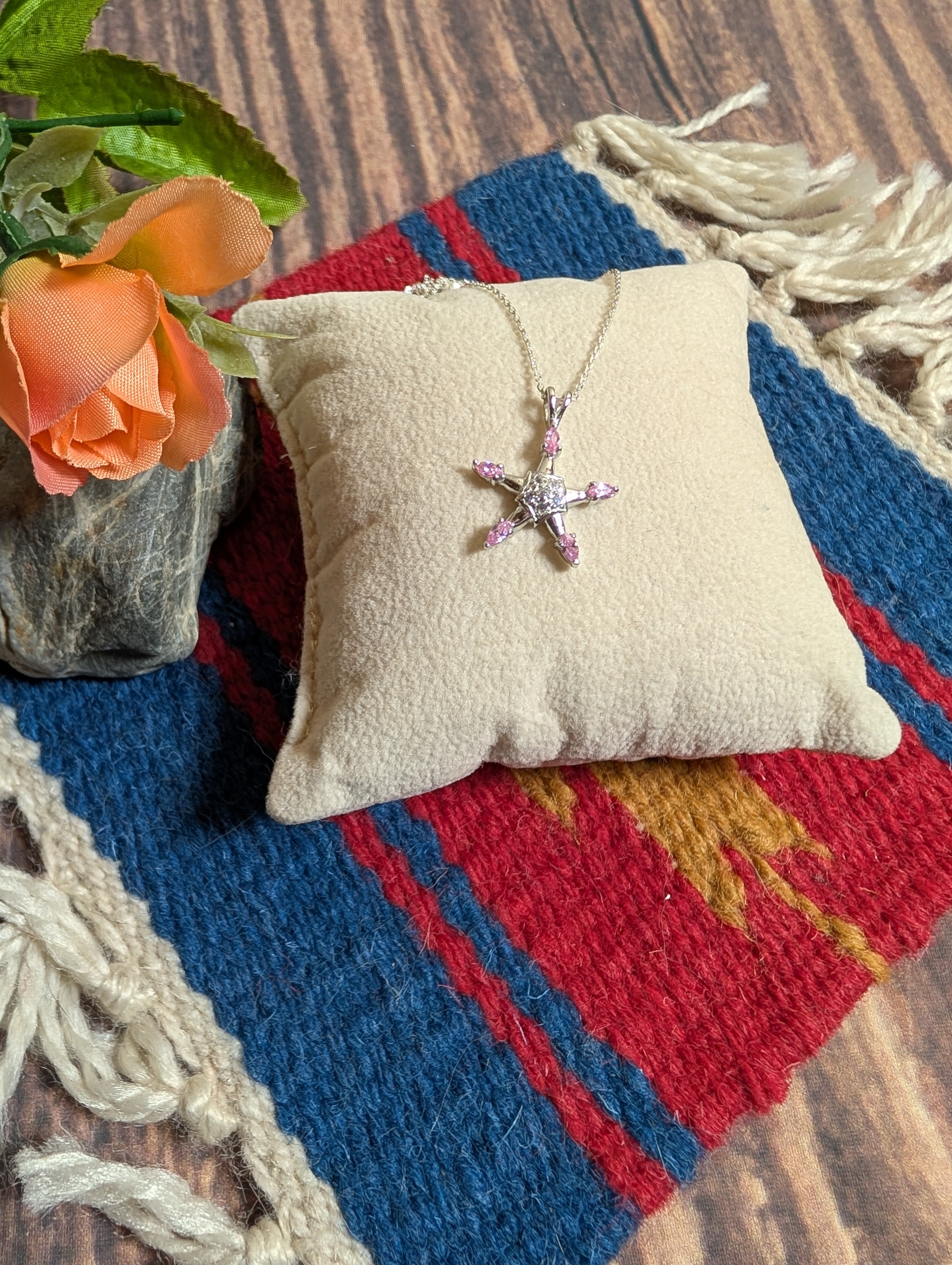 Pink Sapphire Gemstone CZ Star Shaped Sterling Silver Necklace