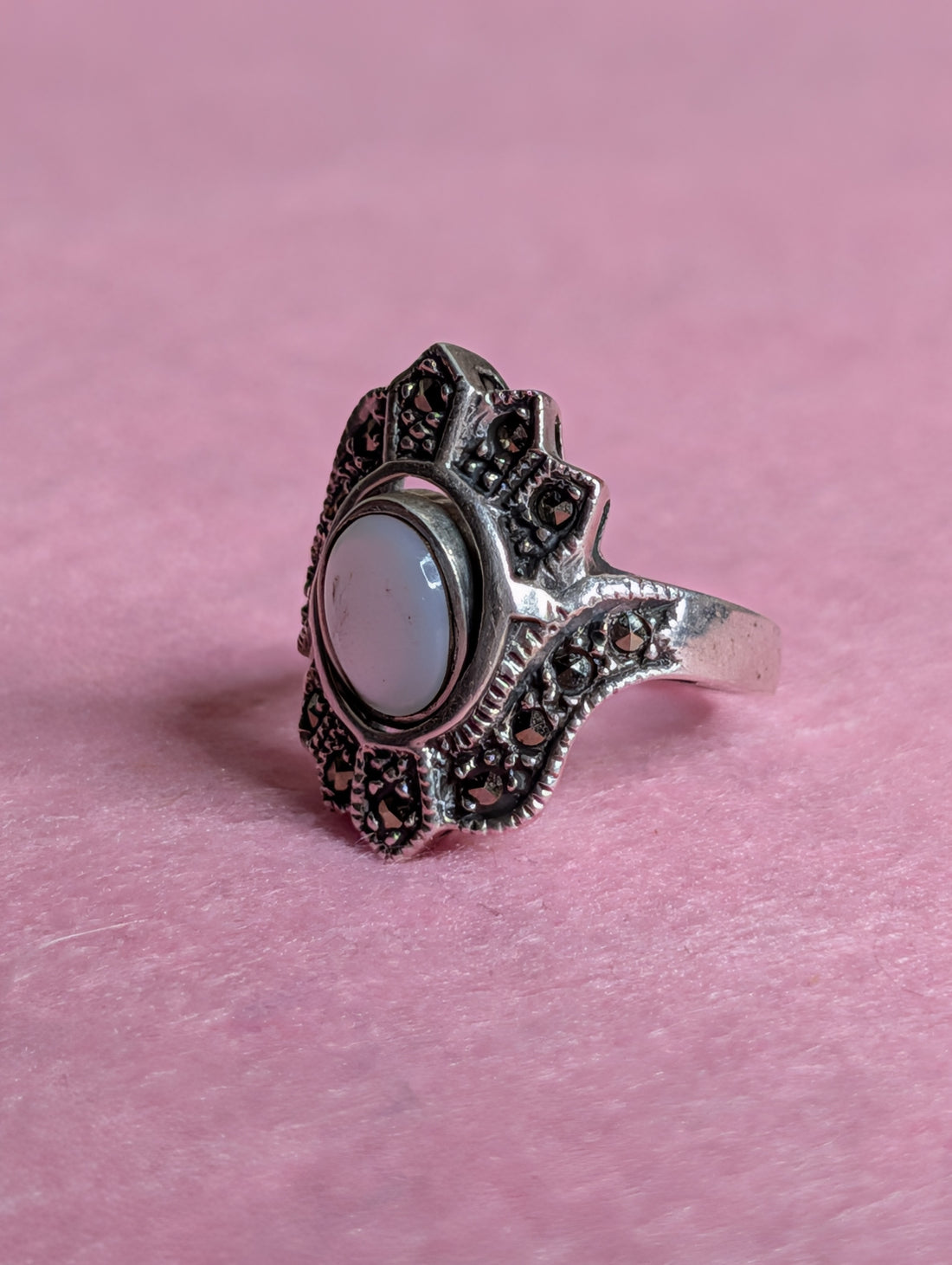 Sterling Silver CZ Rotating Stone With Black Onyx & Mother Of Pearl Etched Ring Size 7