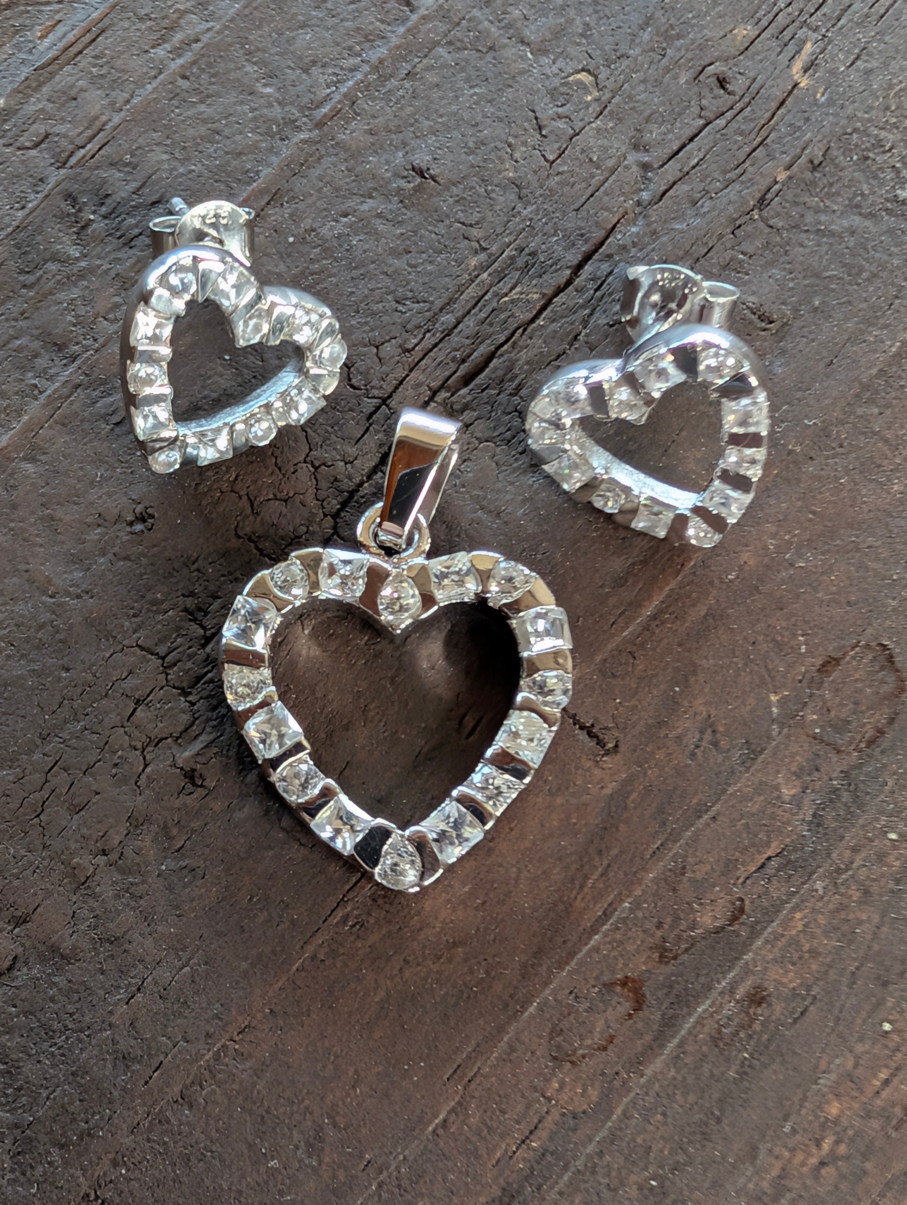 Sterling Silver CZ Heart Pendant & Stud Earrings Jewelry Set