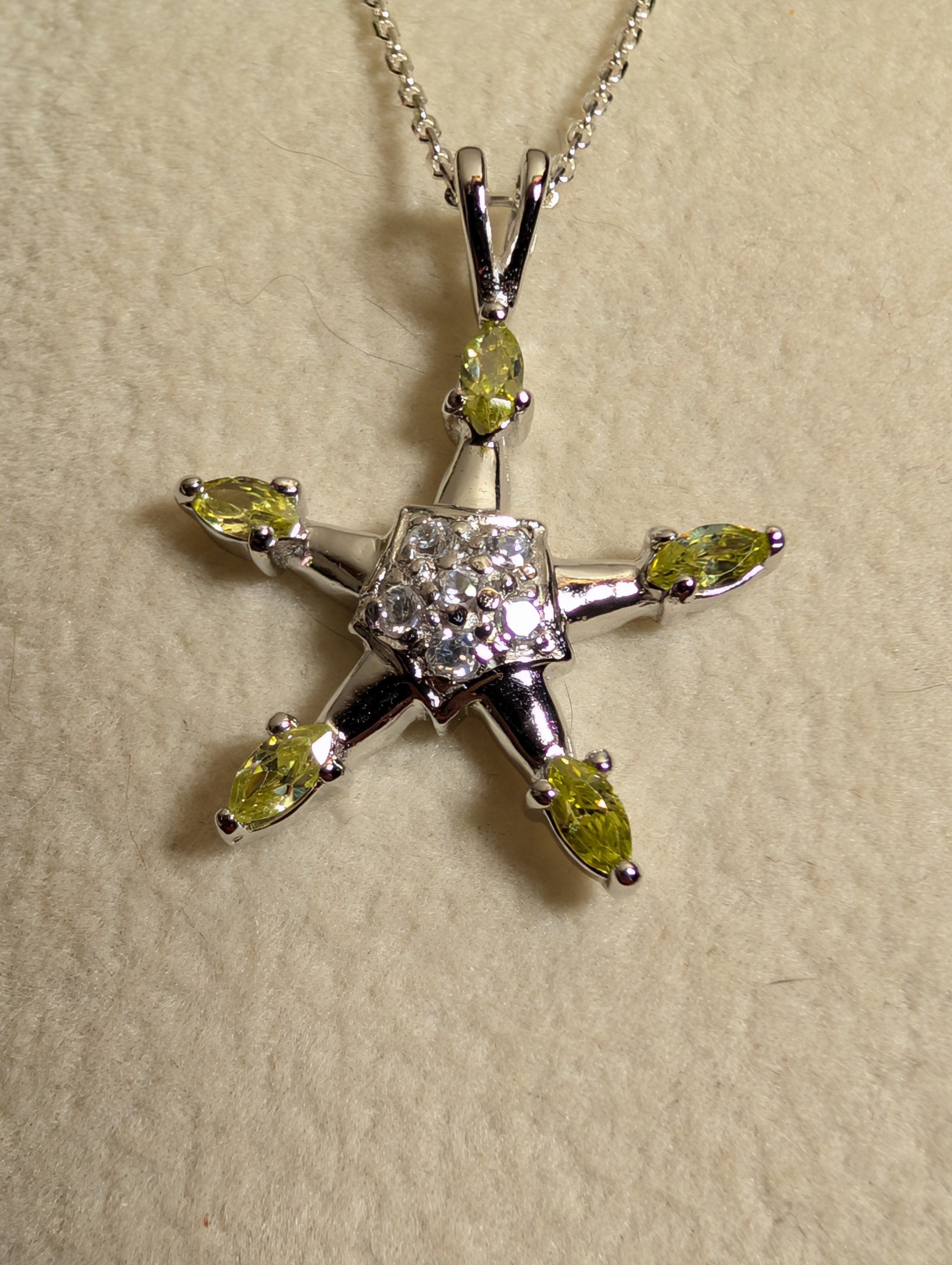Peridot Gemstone CZ Star Shaped Sterling Silver Necklace