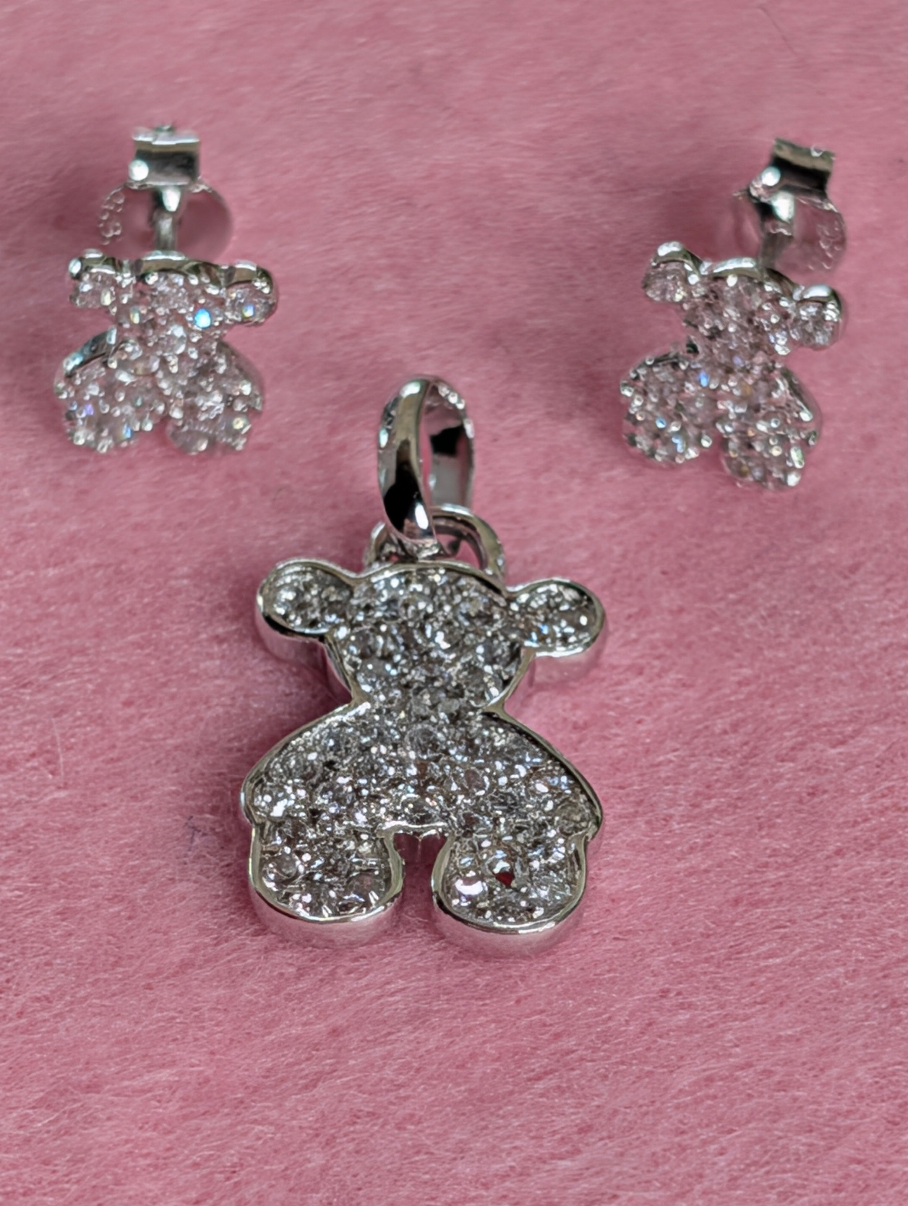 Sterling Silver CZ Bear Shaped Earrings & Pendant Jewelry Set