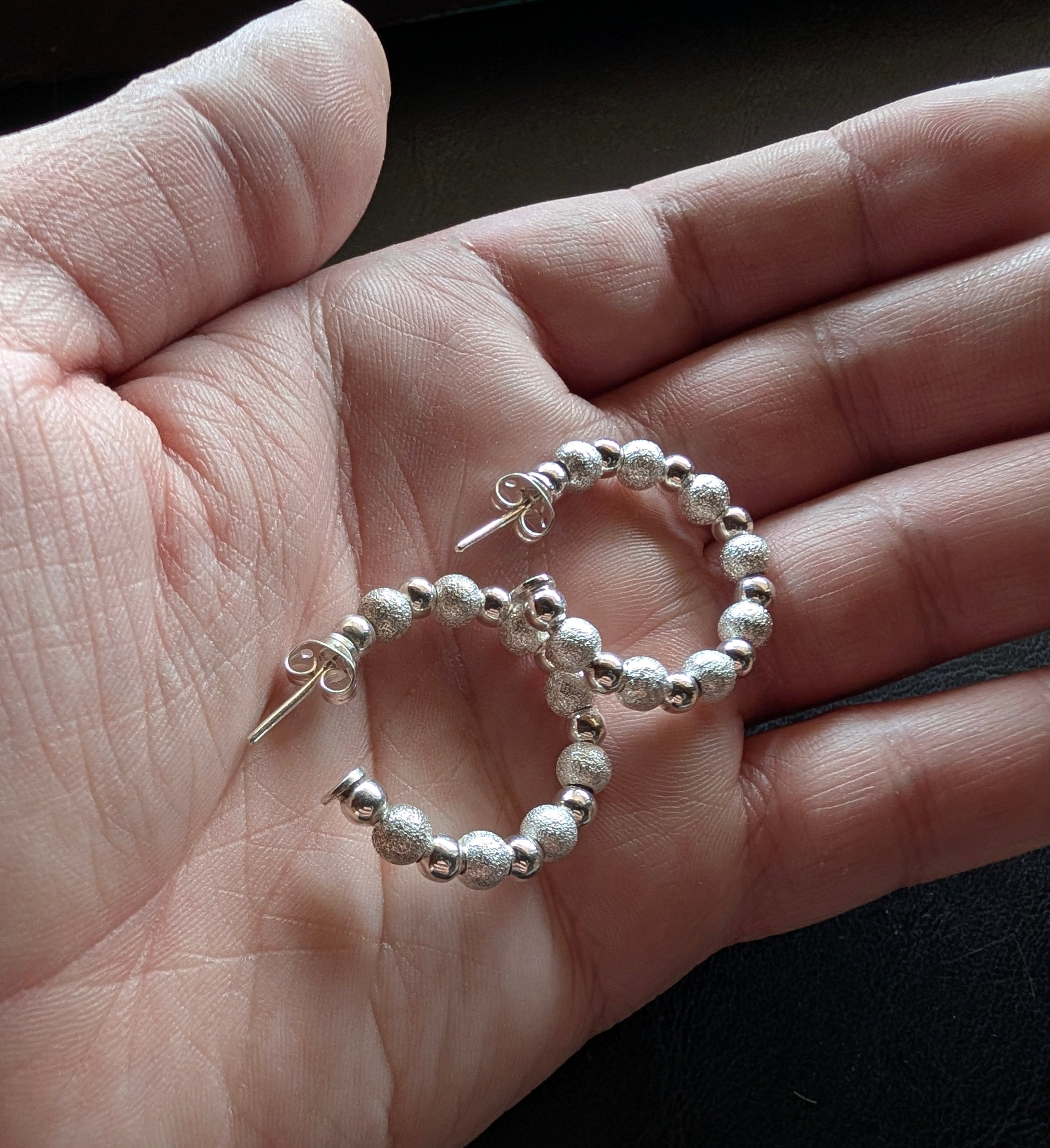 Sterling Silver Alternating Stardust & Liso Beaded Hoop Earrings