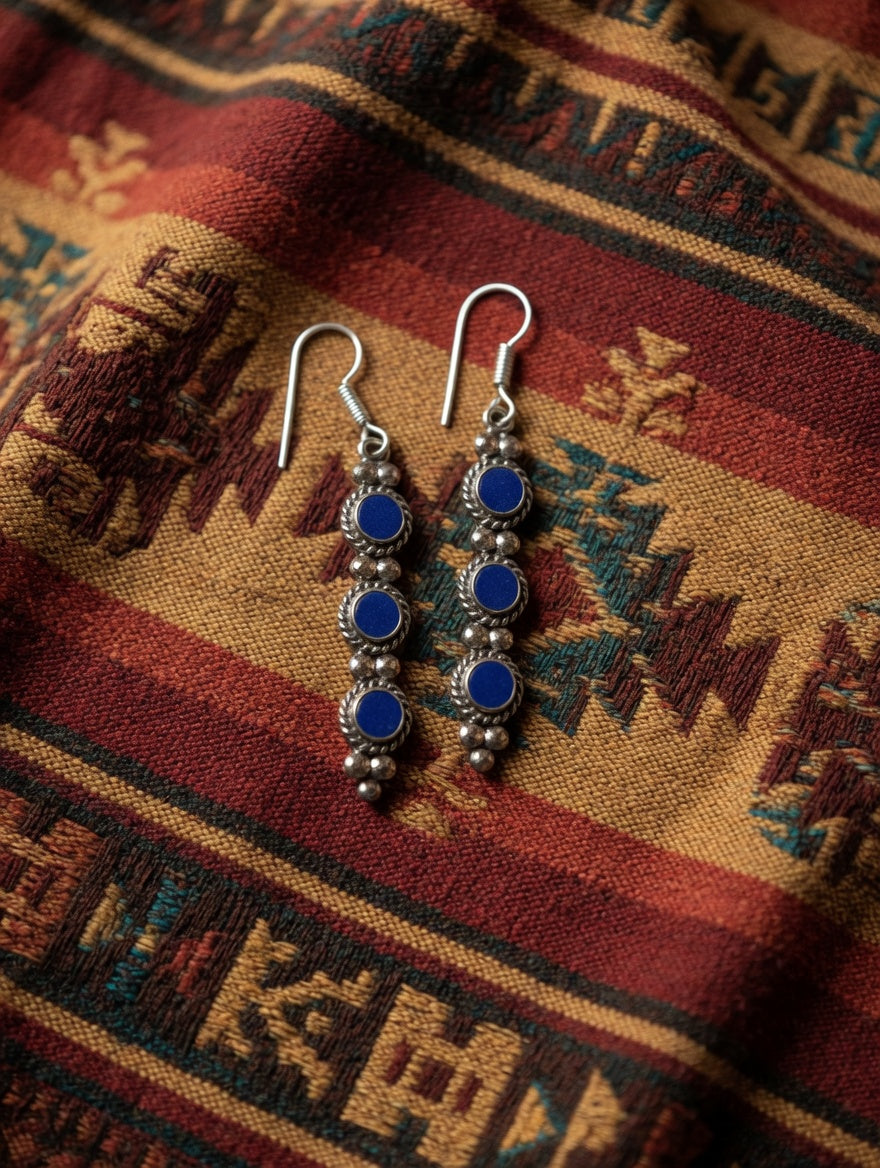 Vintage Southwestern Blue Lapis & Silver Three Stone Dangle Earrings