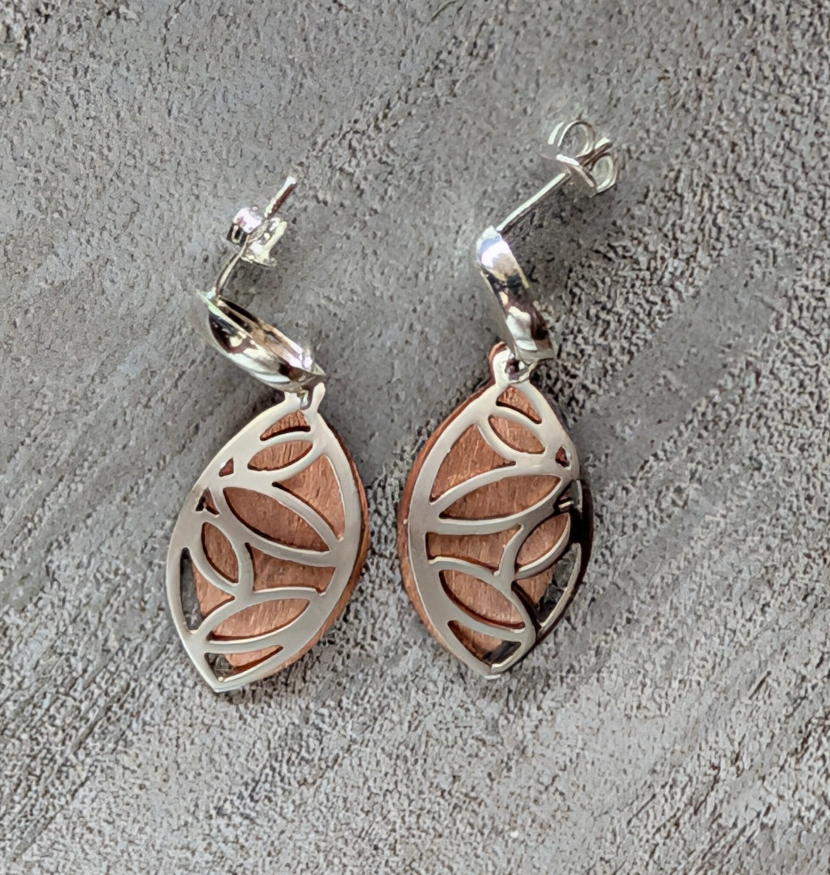 Sterling Silver & Copper Small Butterfly Wing Eliptical Dangle Stud Earrings