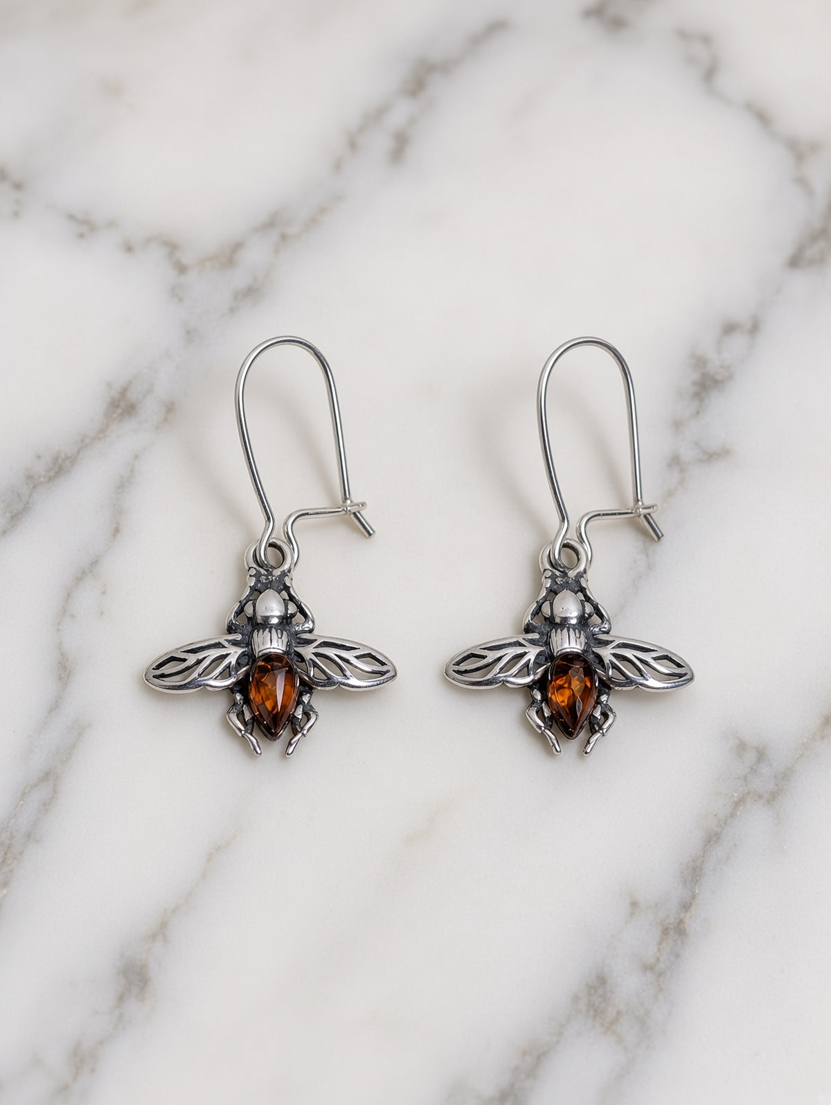 Handmade Bee Earrings with Orange Inlay & Honey Cognac Cabochons In Sterling Silver