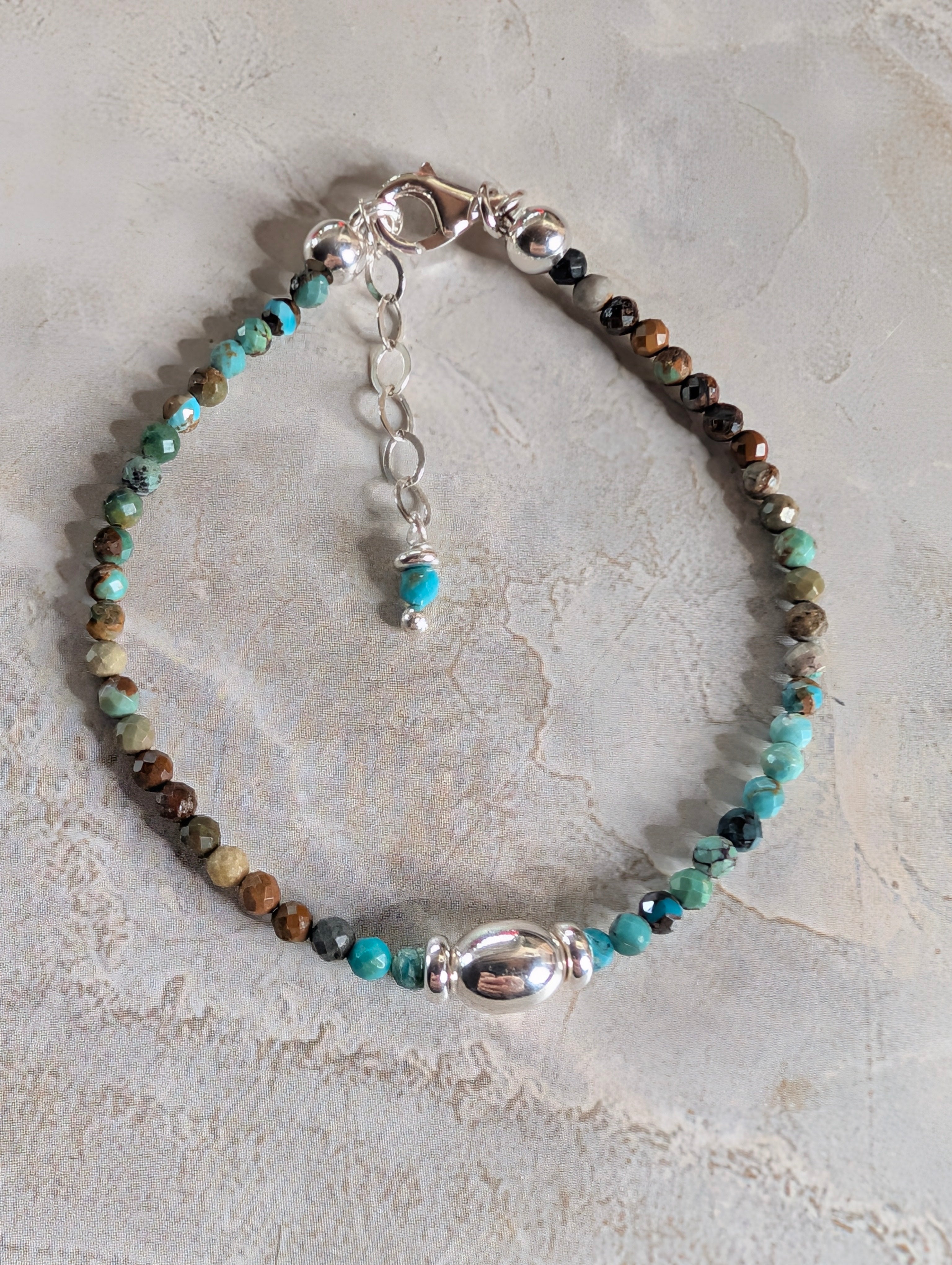 Turquoise Multicolor Stone Beaded Sterling Silver Stretch Bracelet