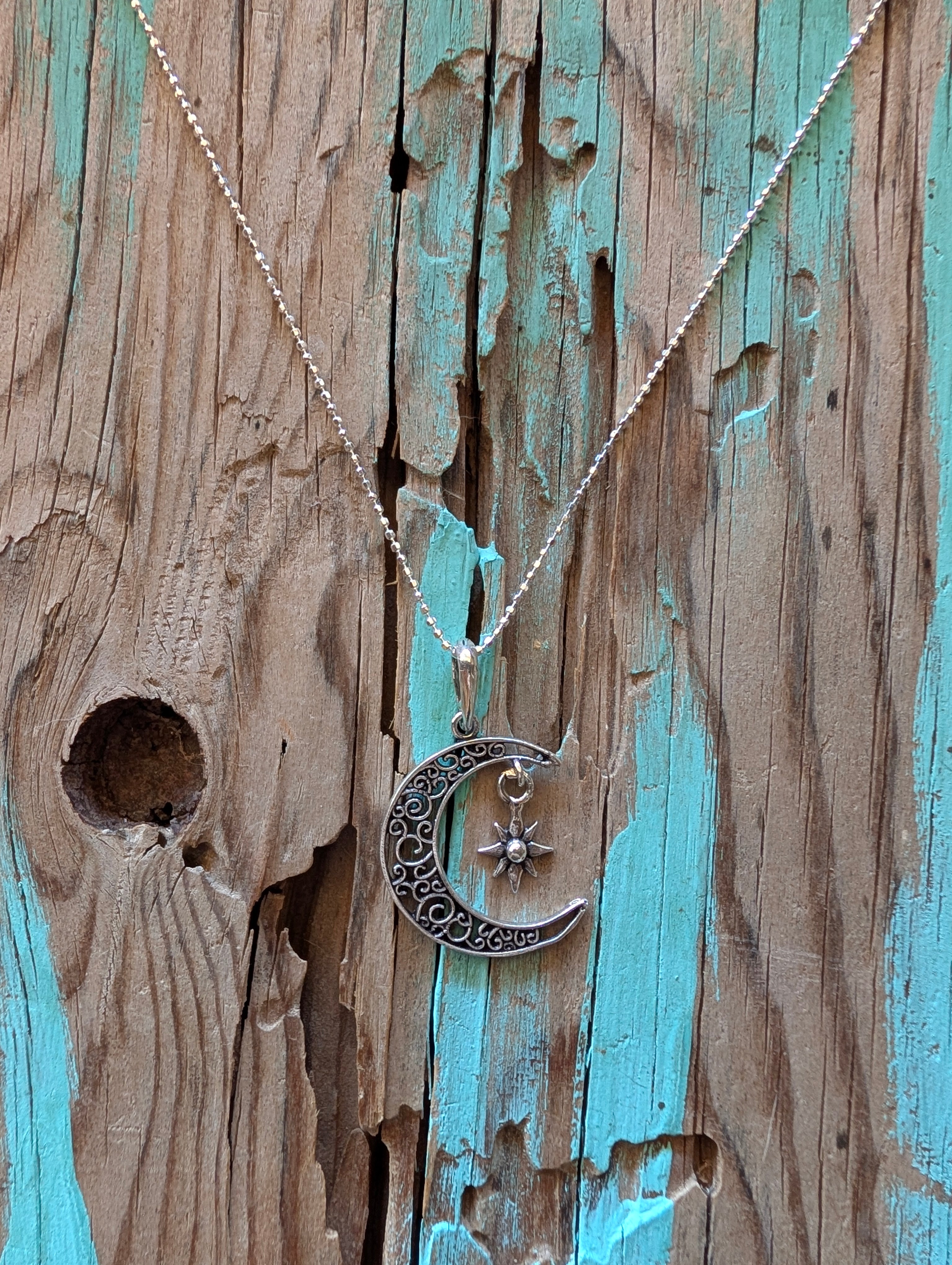 Sterling Silver Intricate Moon & Star Dangle Pendant Necklace