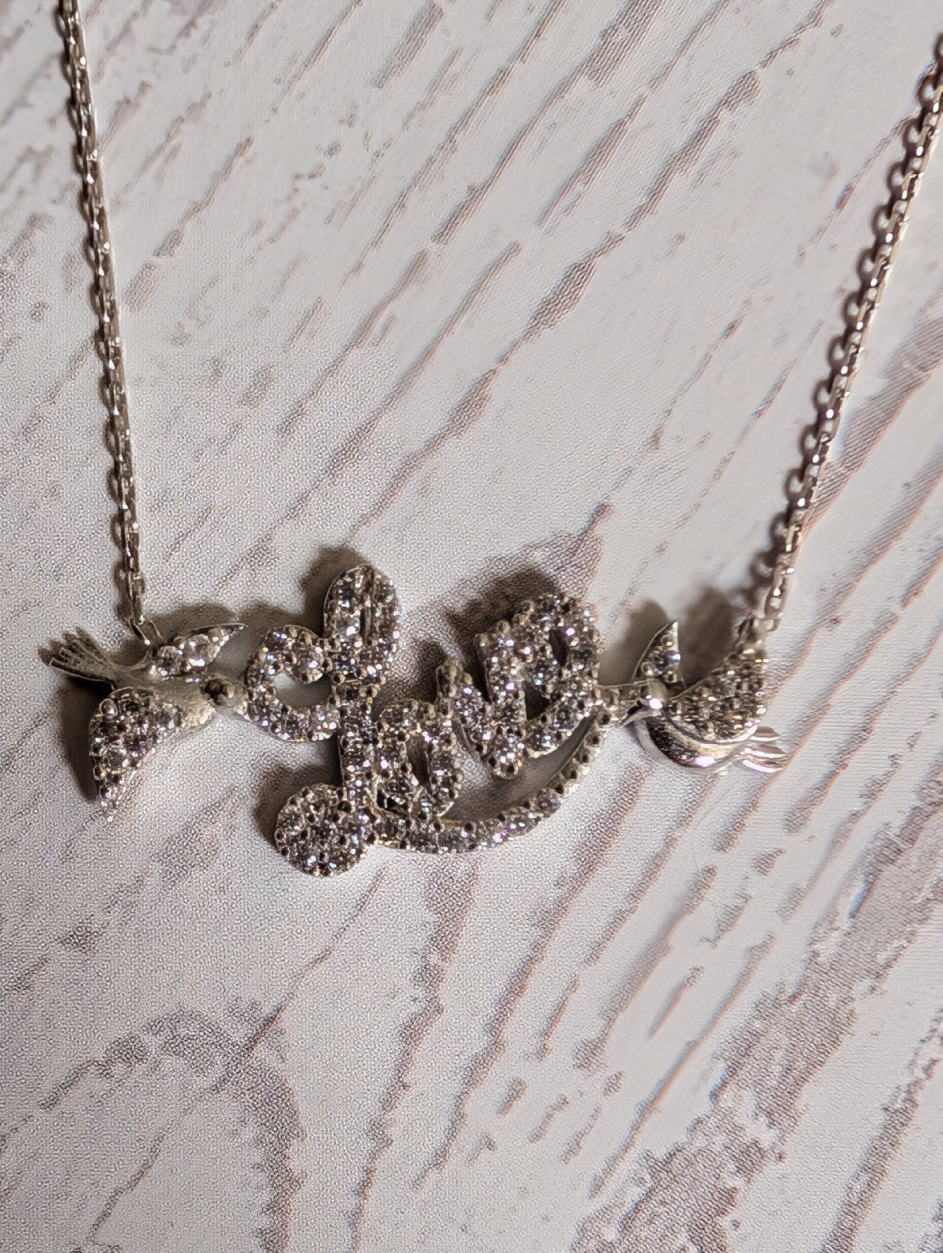 CZ Love Pendant With Bird Motif On Sterling Silver Bar Necklace