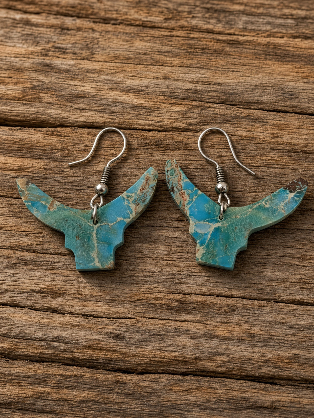Handcrafted Indigo Turquoise Bull Head Slab Sterling Silver Earrings