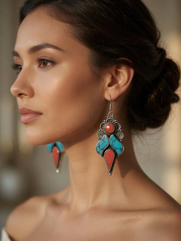 Southwest Sunset Mosaic Turquoise & Coral Drop Earrings