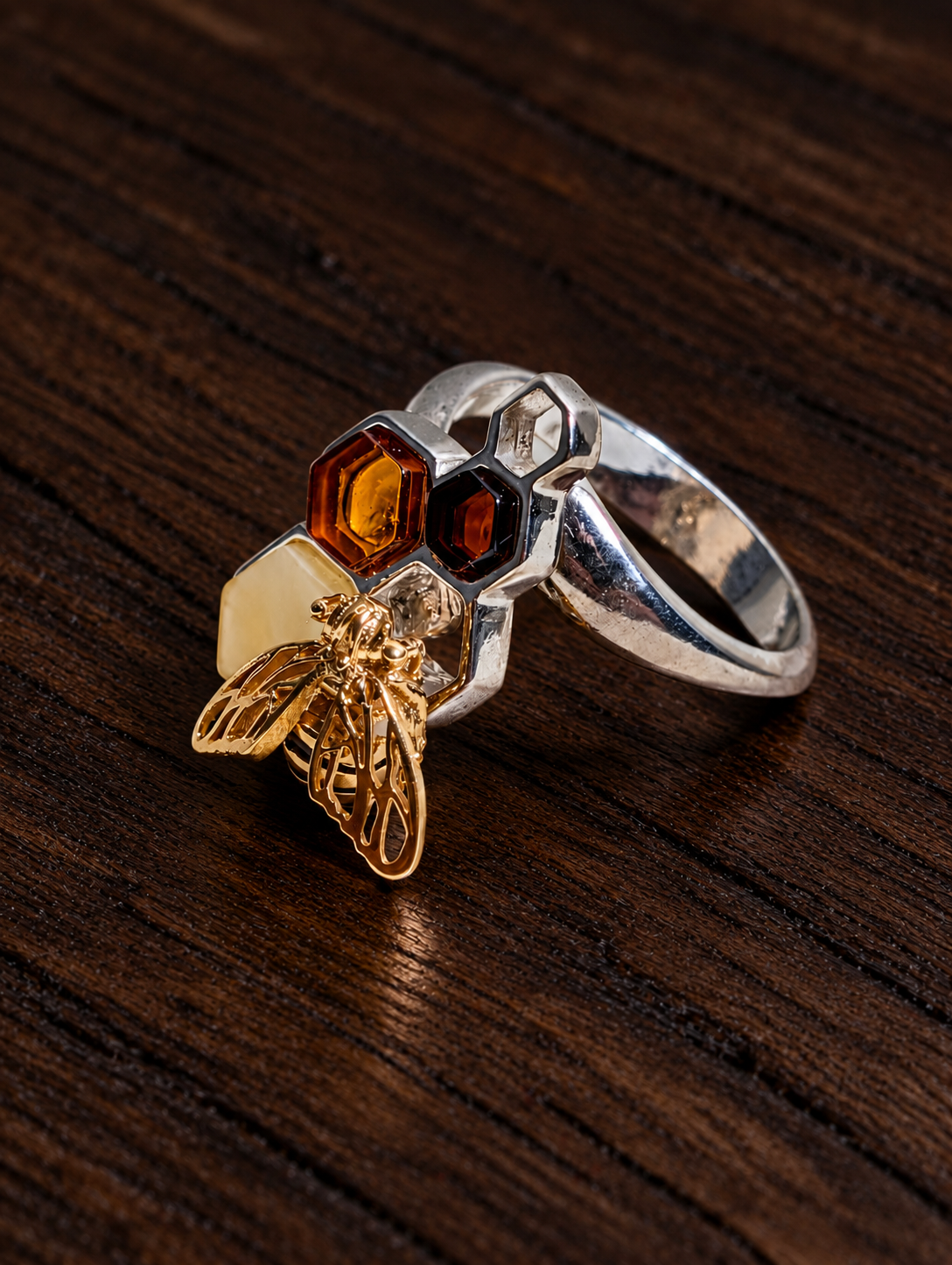 Handmade Bee Honeycomb Honey Cognac Cabochons & Sterling Silver Adjustable Ring