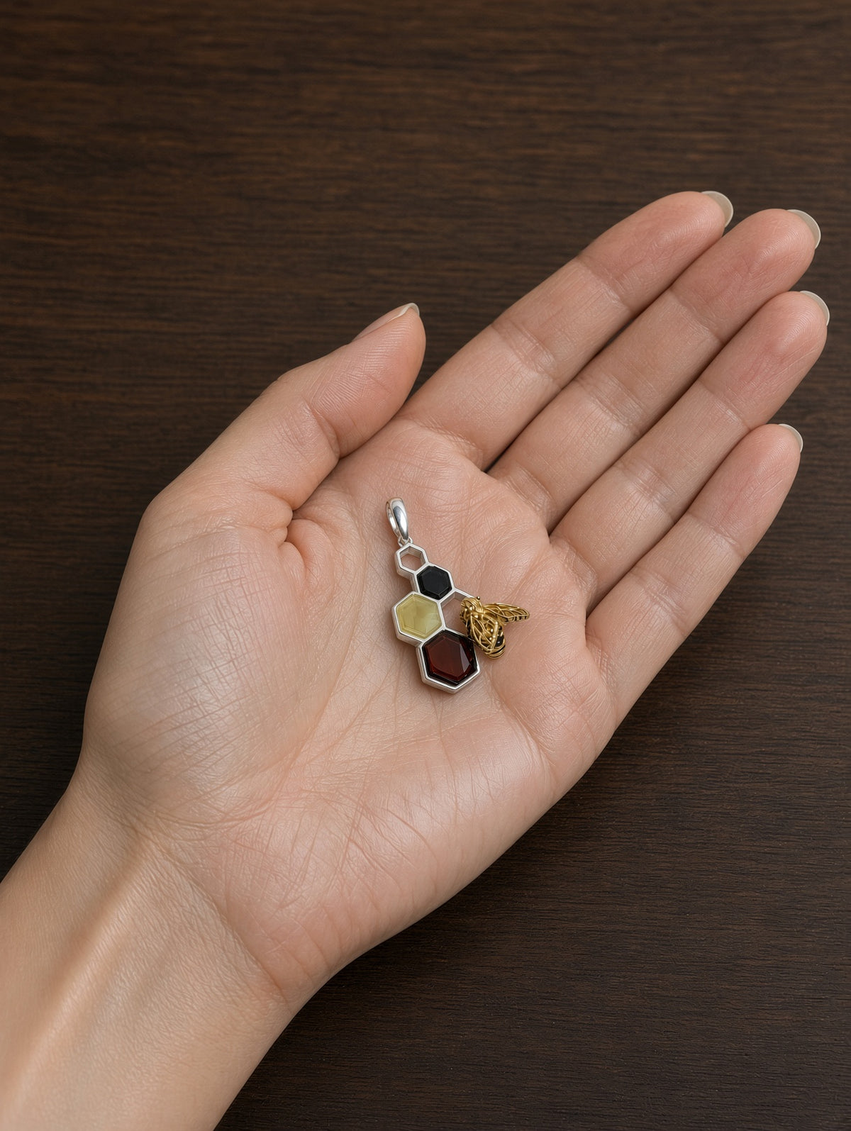 Handmade Bee Honeycomb Honey Cognac Cabochons & Sterling Silver Pendant