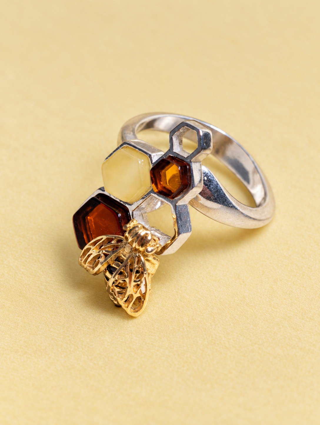 Handmade Bee Honeycomb Honey Cognac Cabochons & Sterling Silver Adjustable Ring