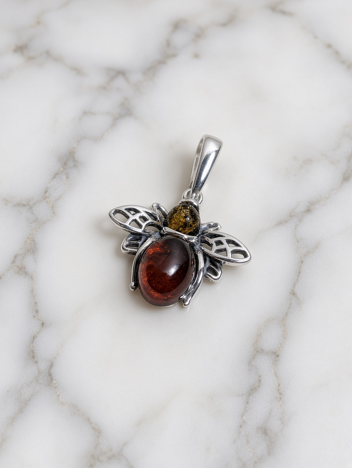 Handmade Bee Red & Yellow Honey Cognac Cabochon & Sterling Silver Pendant