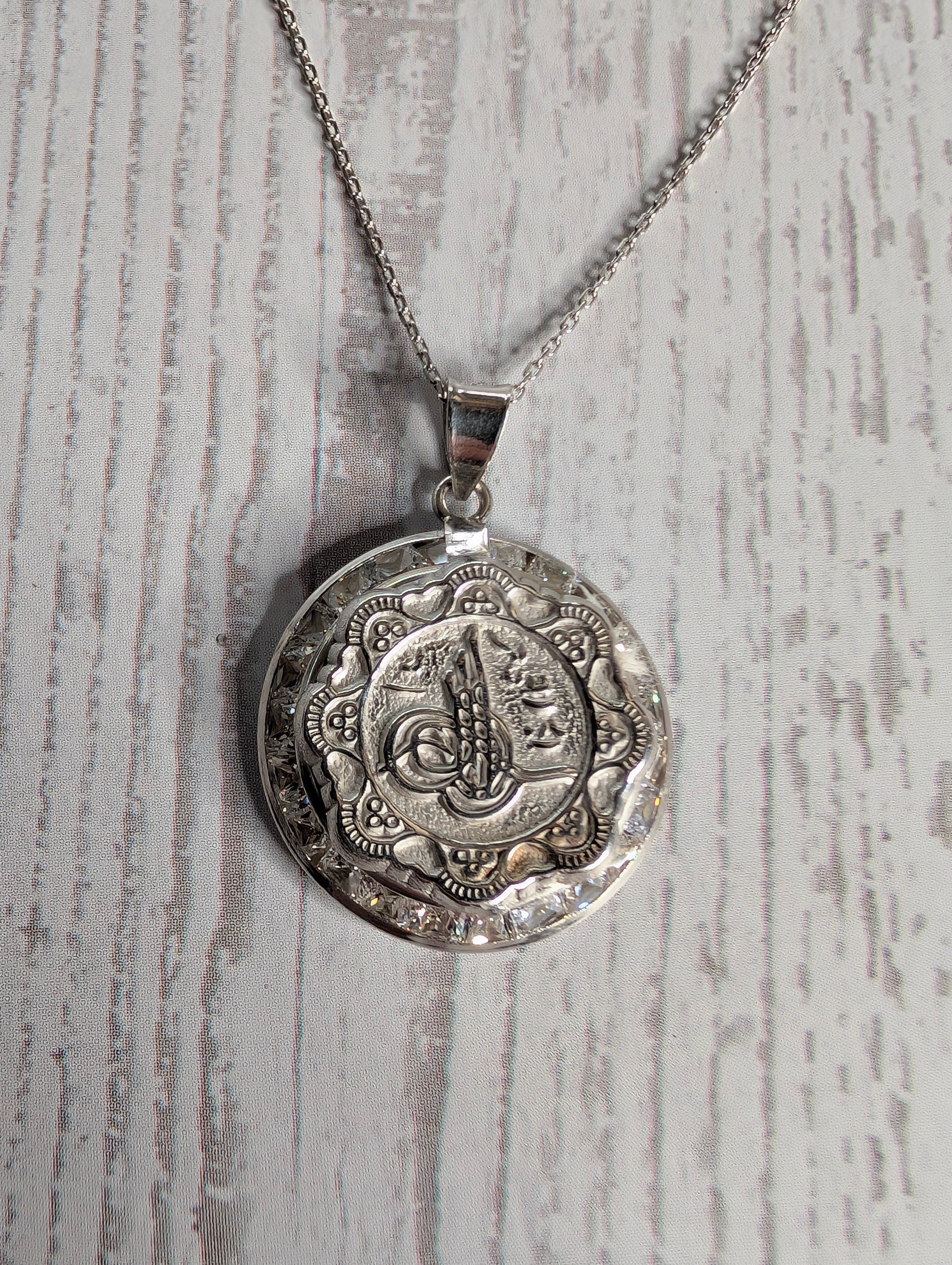 Sterling Silver Ottoman Empire Tughra Silver Coin Medallion Necklace