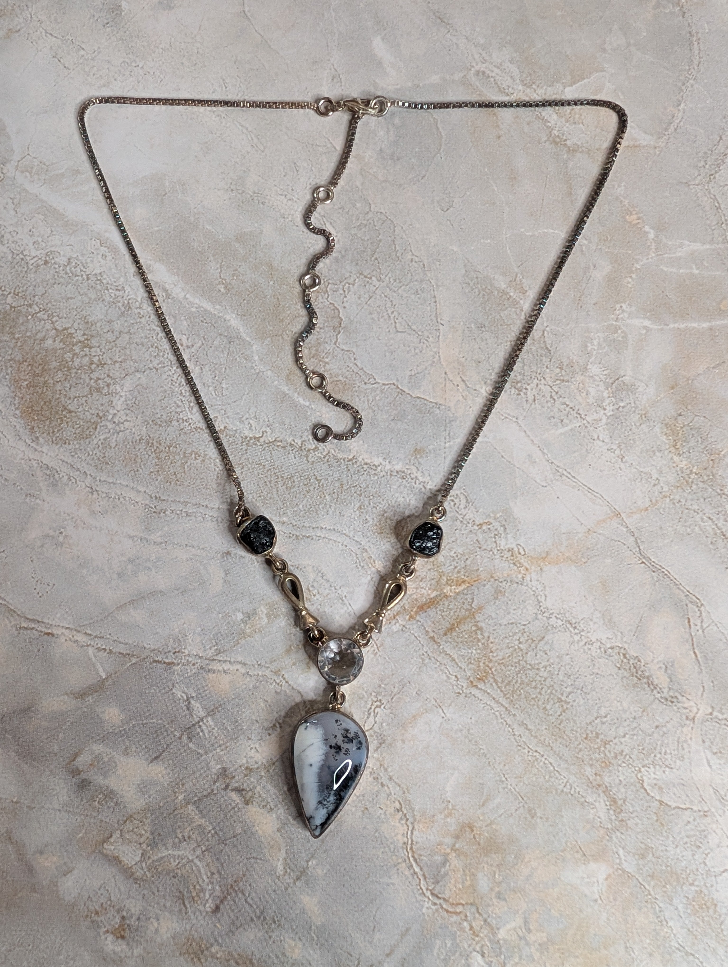 Dendritic Agate Pear Shape Gemstone With Clear Quartz & Black Tourmaline Sterling Silver Necklace