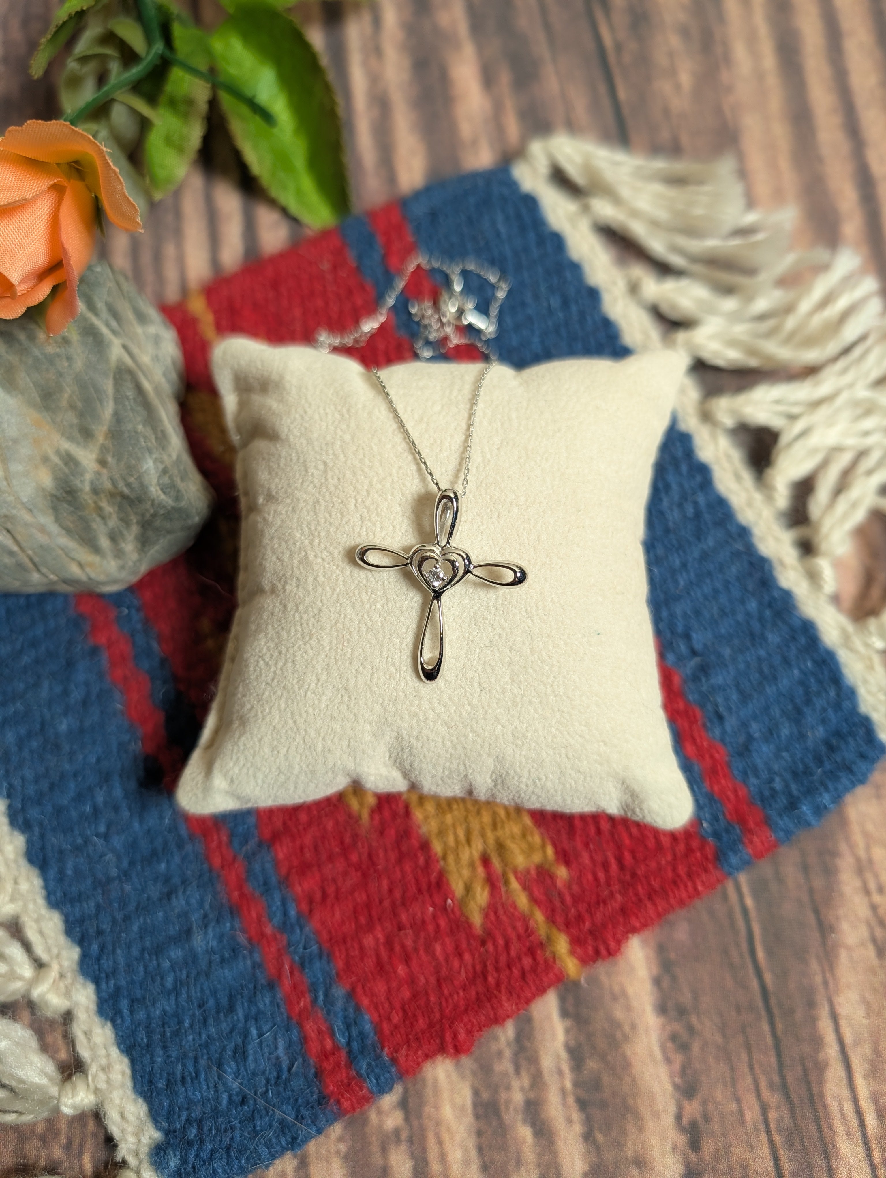 Heart Shaped Cross CZ Pendant On Sterling Silver Necklace