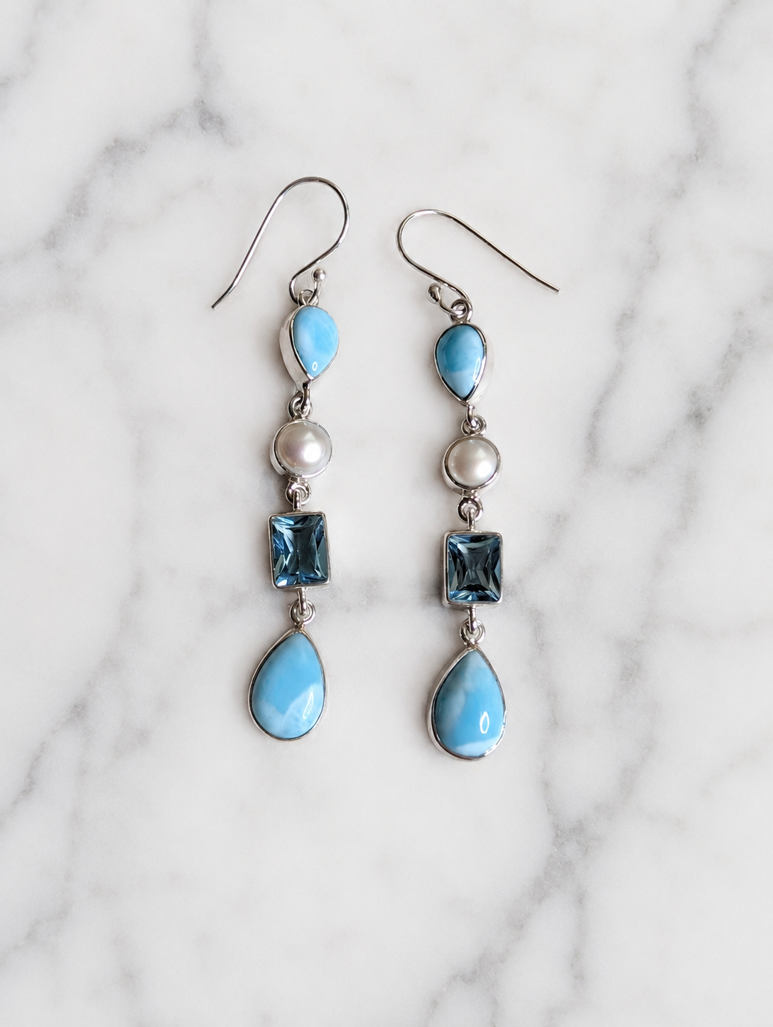 Larimar, Blue Topaz, & Pearl Four Stone Sterling Silver Dangle Earrings