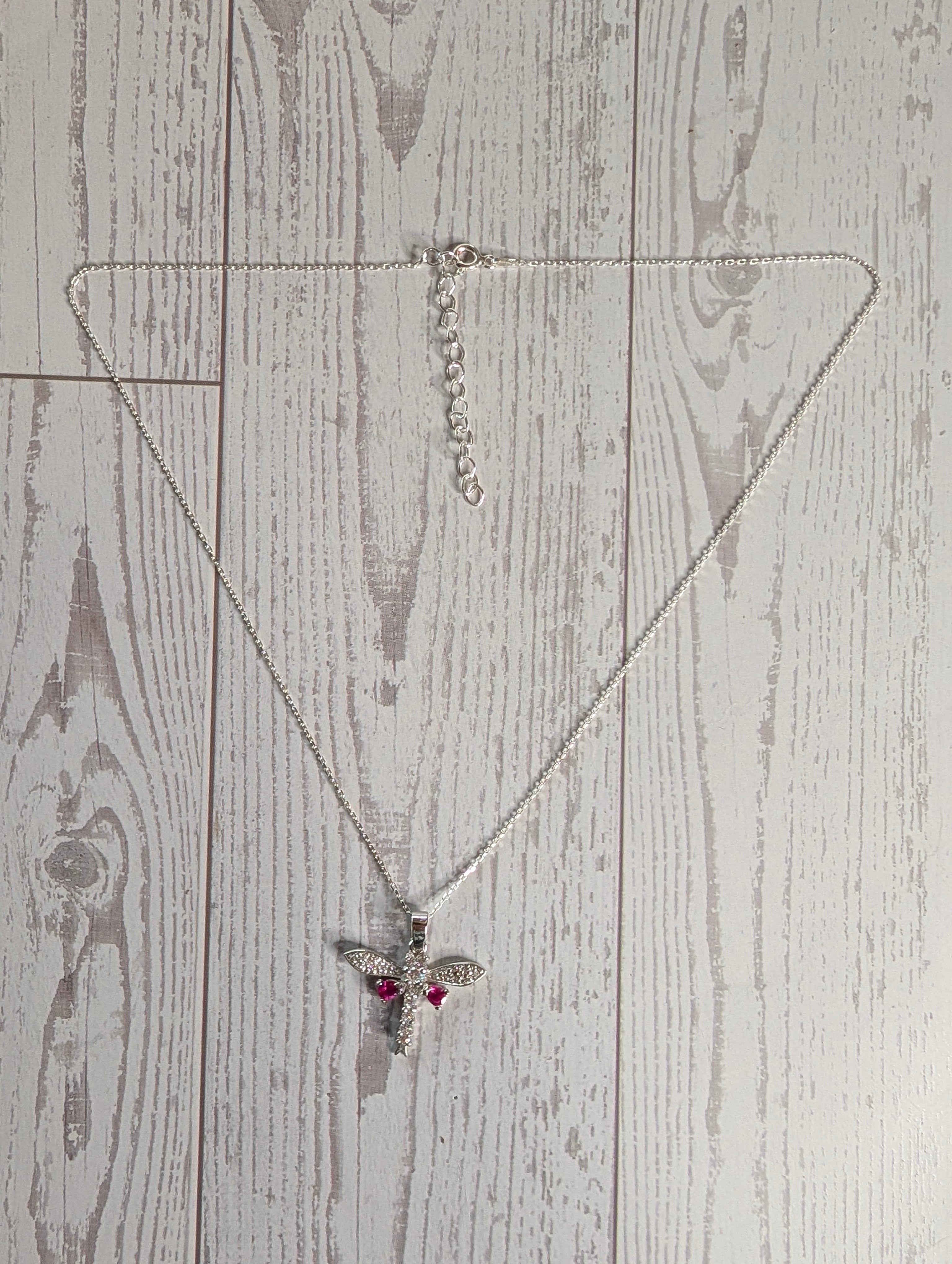Sterling Silver Pink Gemstone CZ DragonFly Pendant Necklace