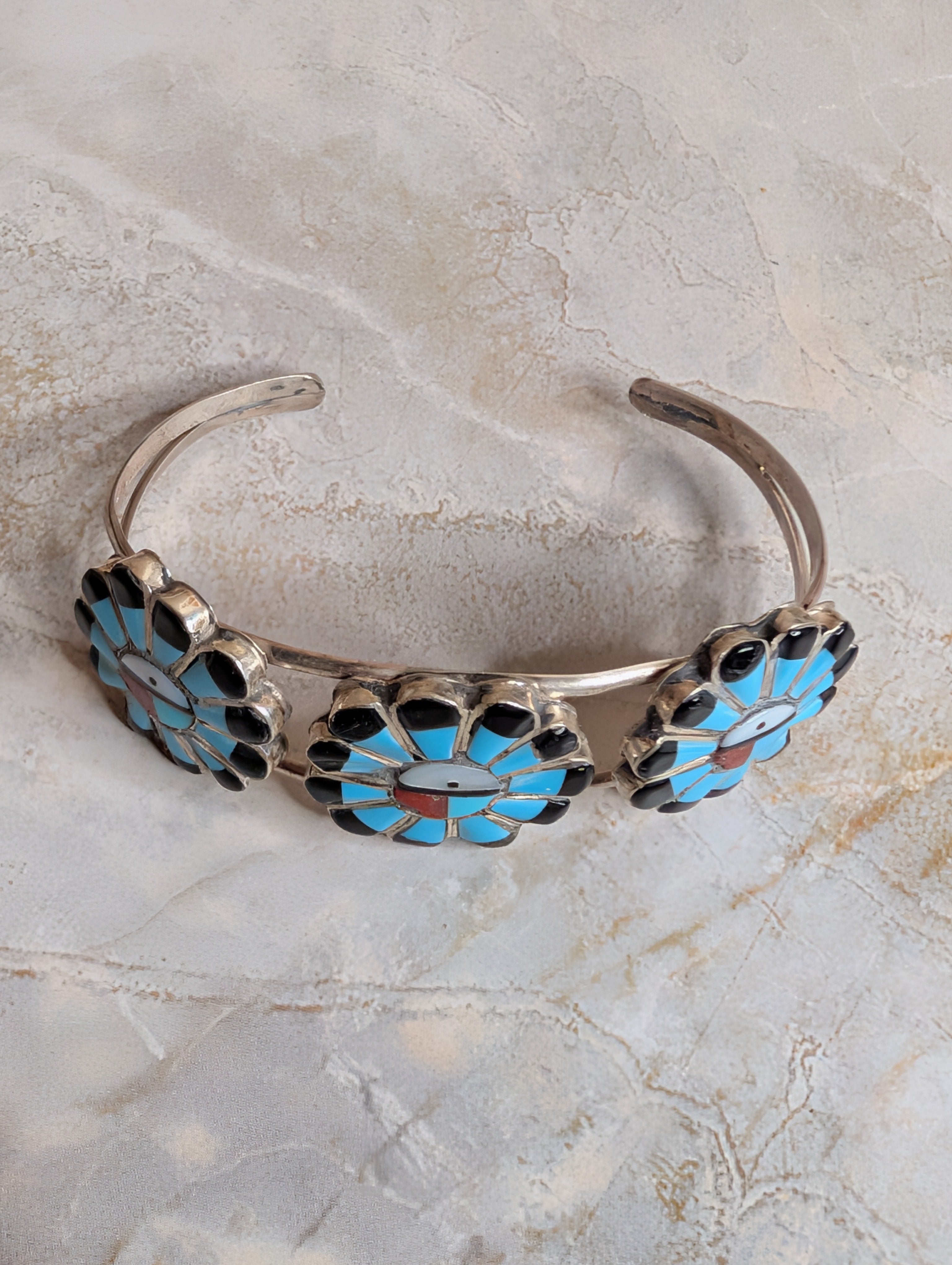 Handcrafted MultiStone Sunface Sterling Silver Cuff Bracelet With Blue